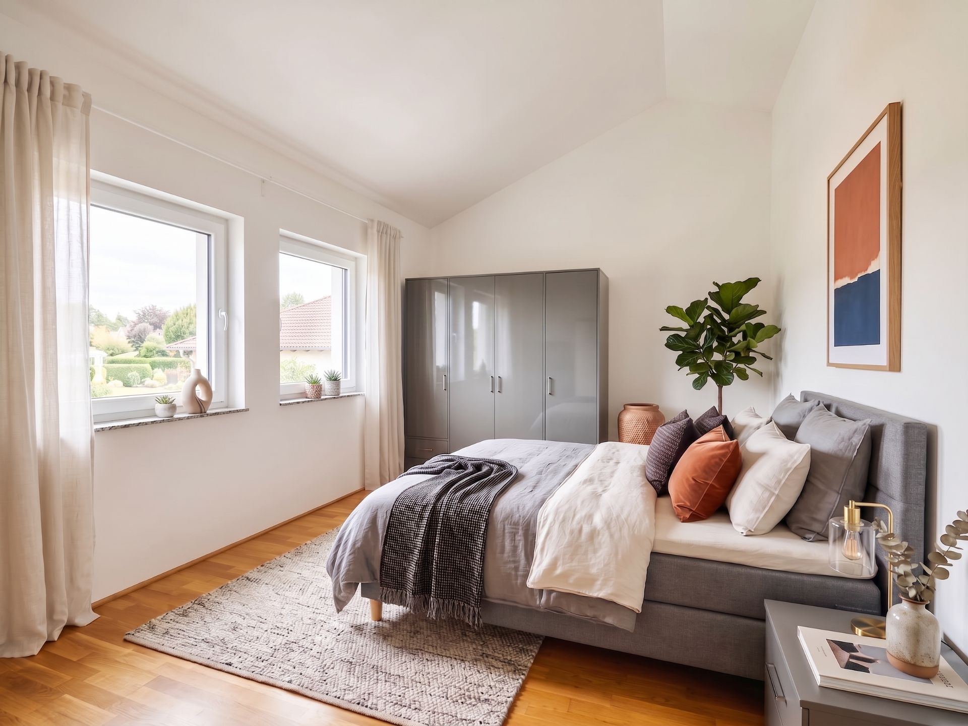 Helles Schlafzimmer mit Doppelbett, grauem Schrank, großen Fenstern und dekorativen Kissen.