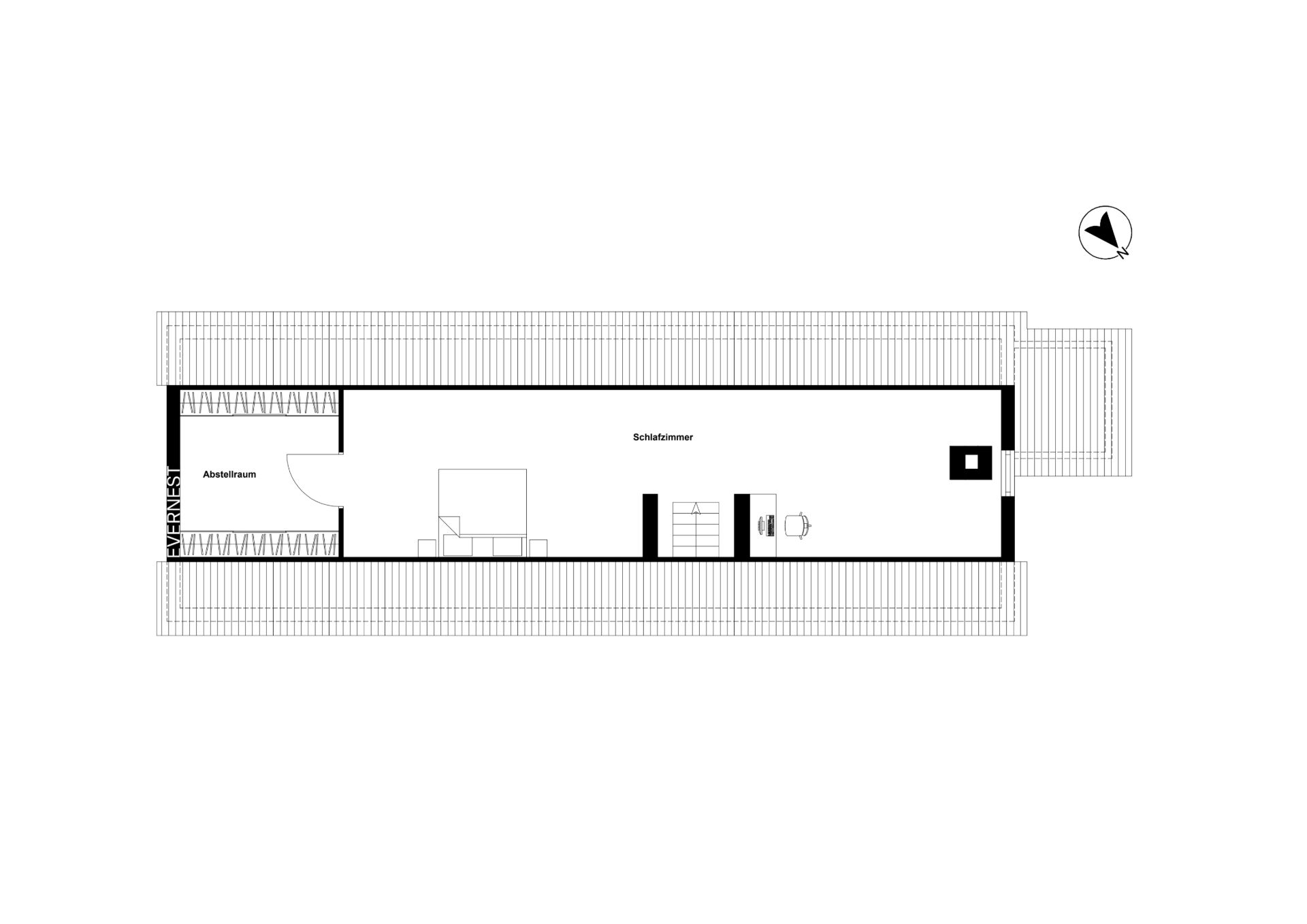 Grundriss mit Arbeitsraum, Schlafzimmer und Einrichtungssymbolen auf rechteckiger Fläche.