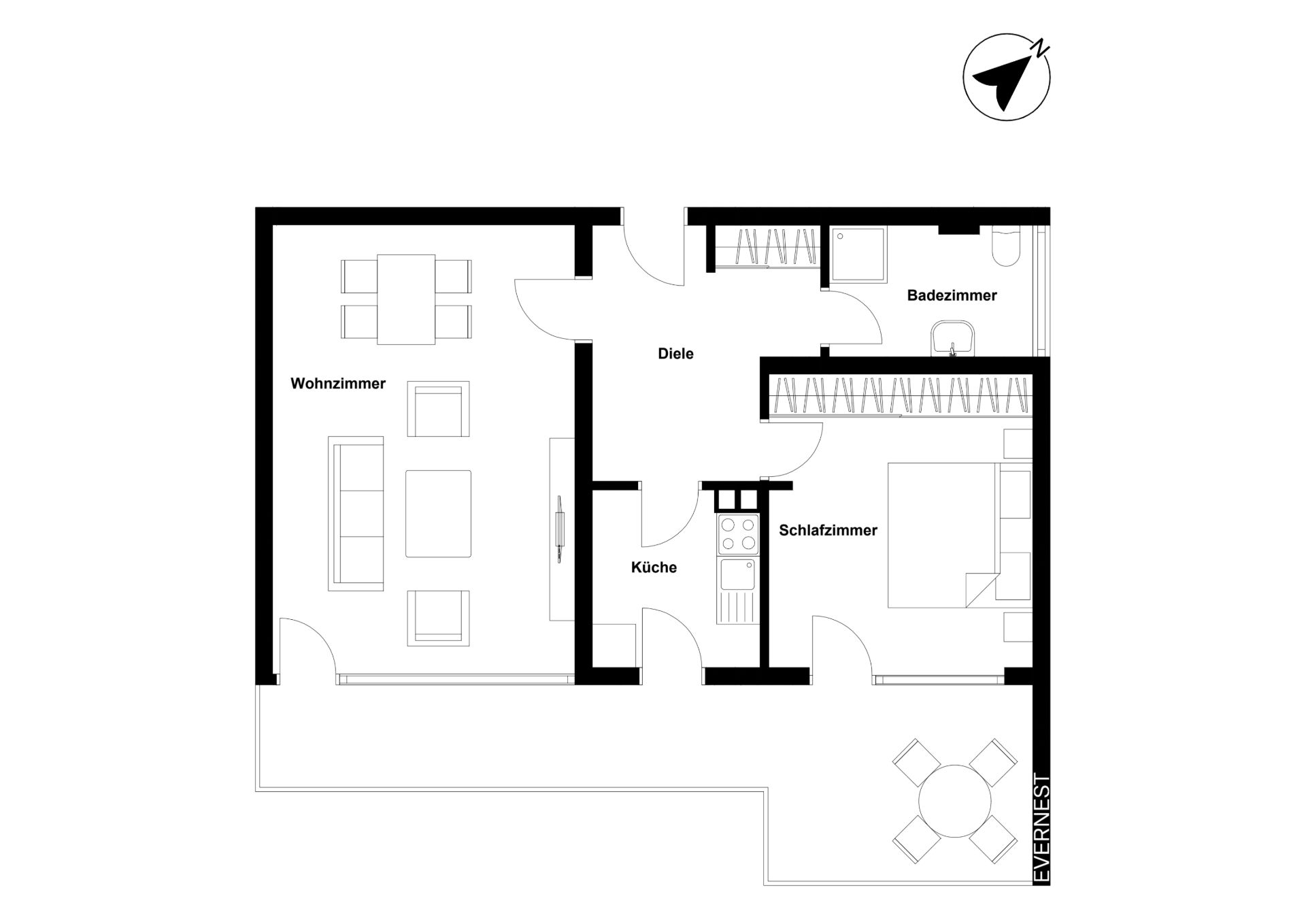 Grundriss mit Wohnzimmer, Schlafzimmer, Küche, Bad, Diele und Terrasse.
