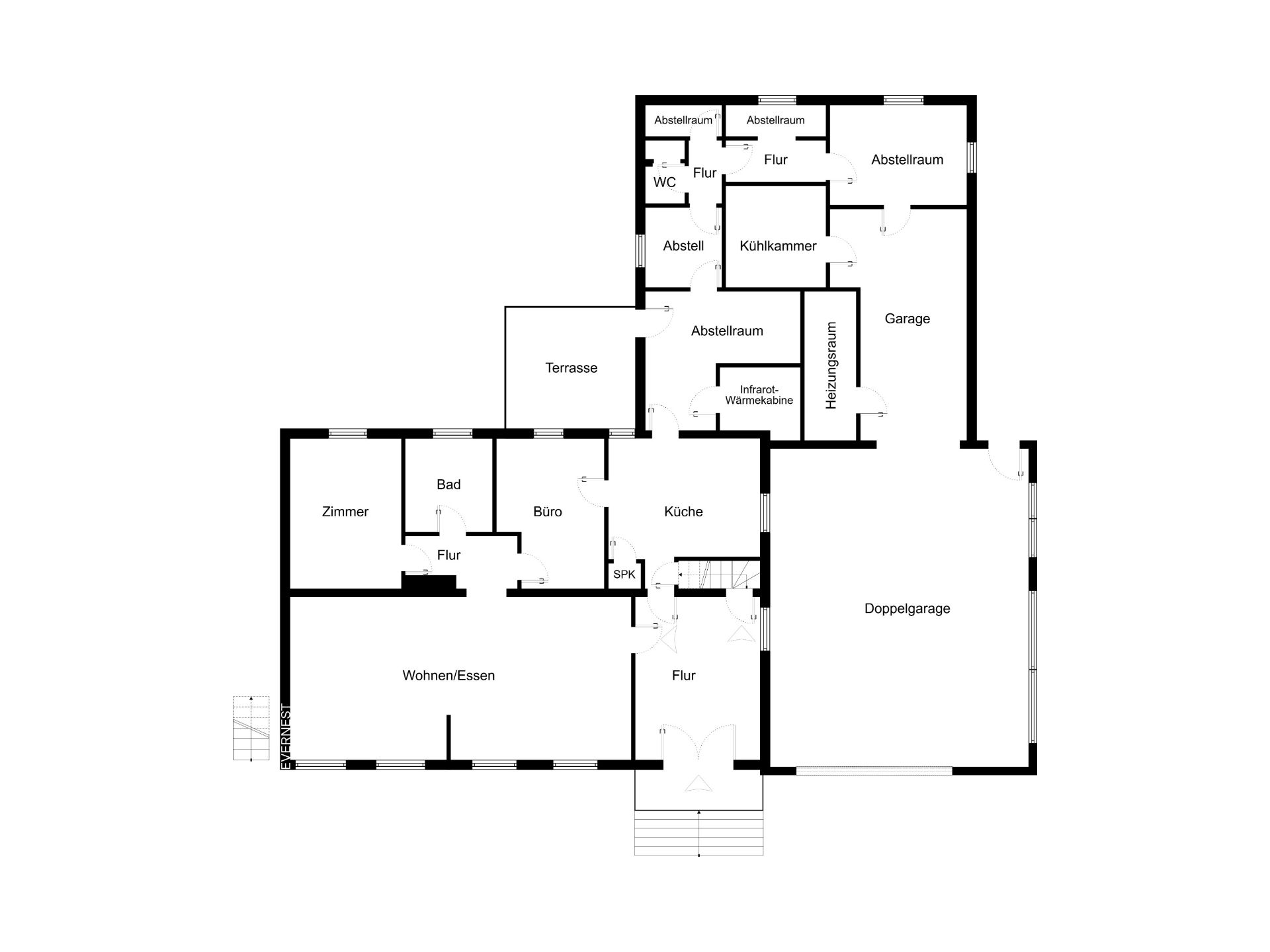 Grundriss eines Hauses mit Wohn-, Essbereich, Küche, Büro, Bad, Zimmer, Terrasse und Doppelgarage.