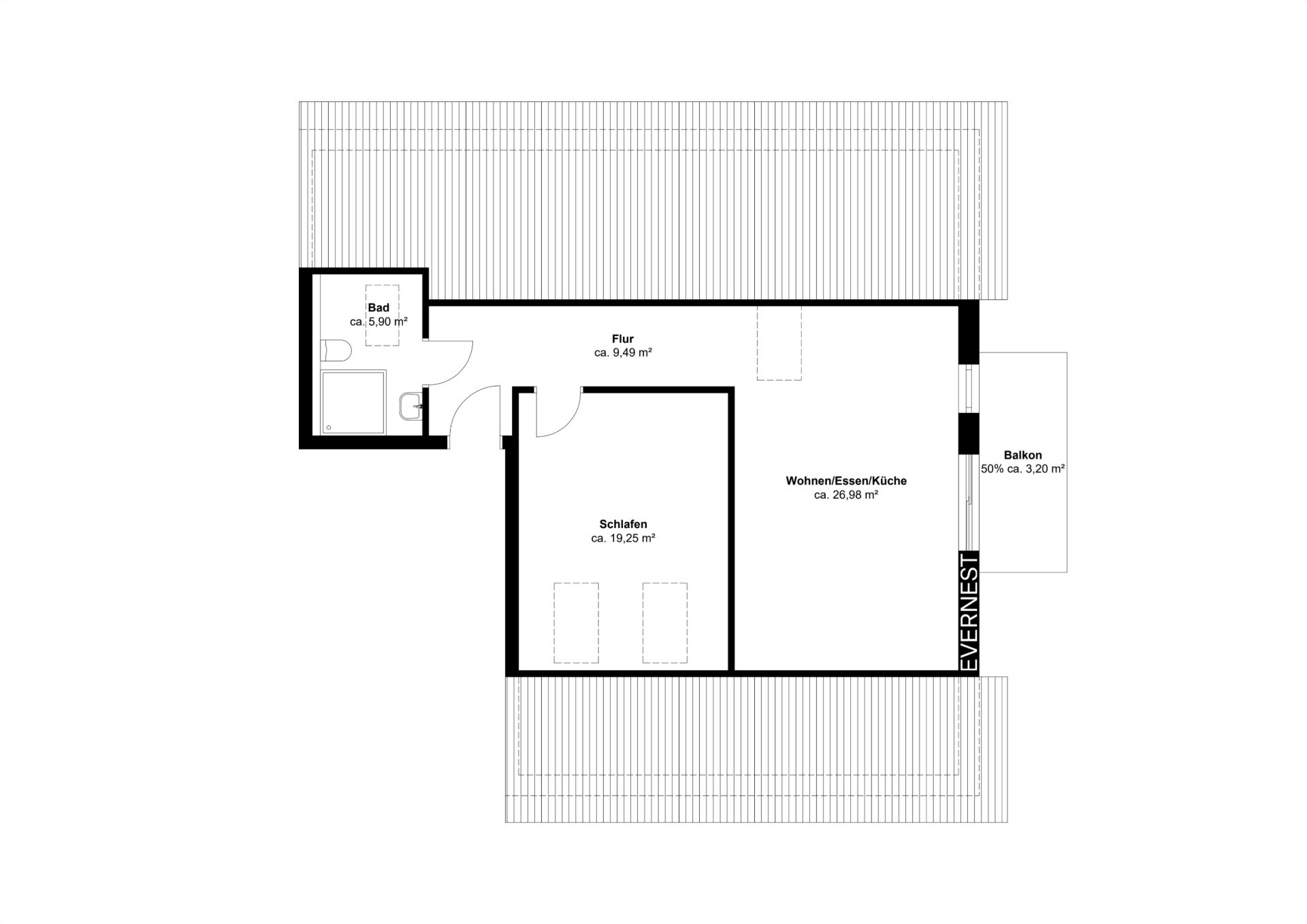 Grundriss mit Schlafzimmer, Bad, Flur, Wohnbereich mit Küche und Balkon.