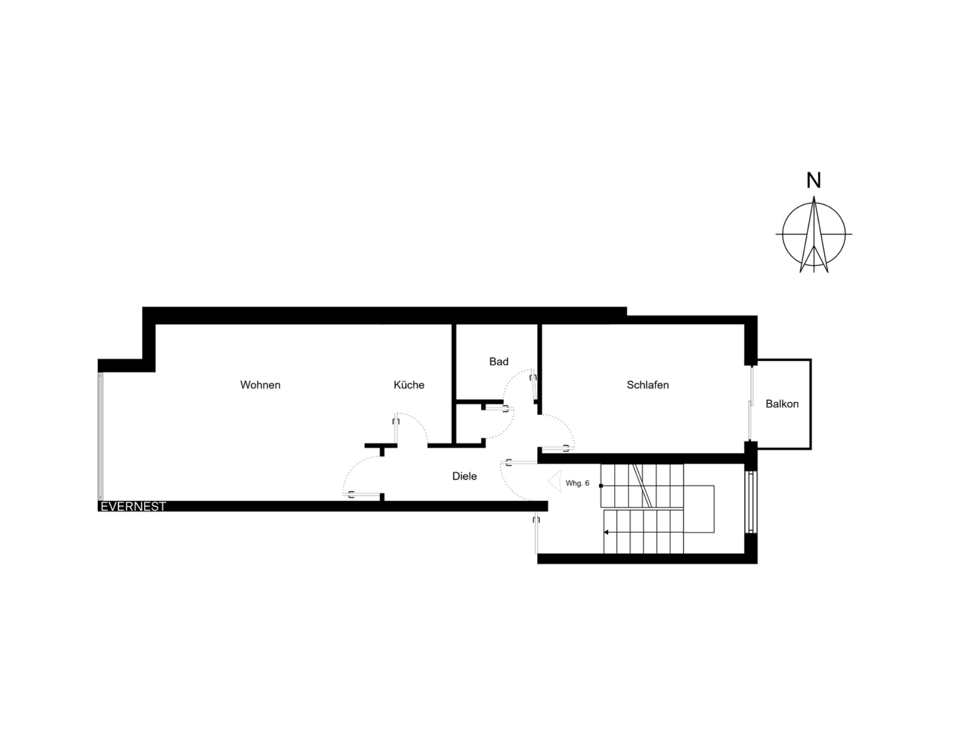 Wohnungsgrundriss mit Wohnzimmer, Küche, Bad, Schlafzimmer, Diele und Balkon.