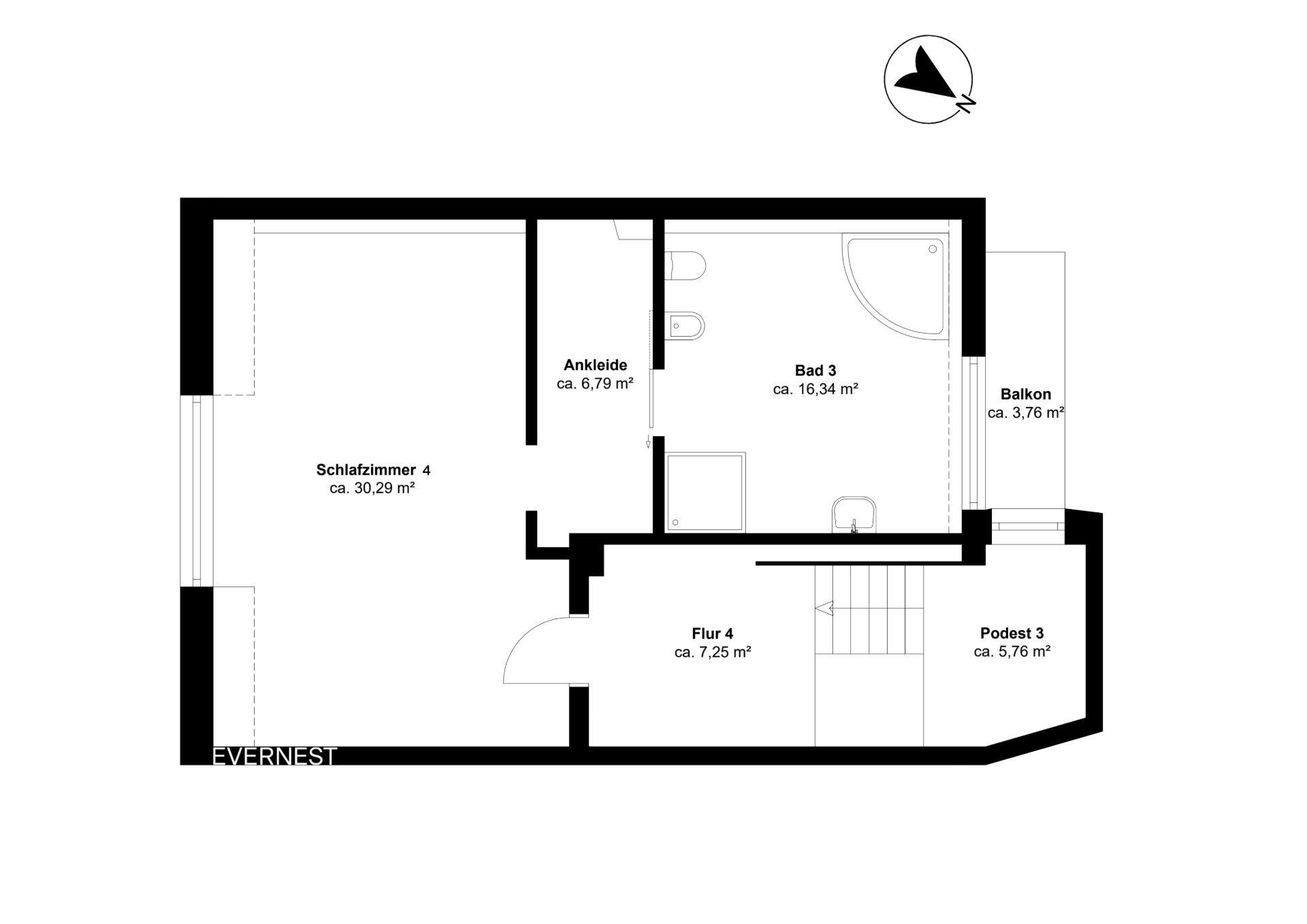 Grundriss mit Schlafzimmer, Ankleide, Bad, Balkon, Flur und Podest.