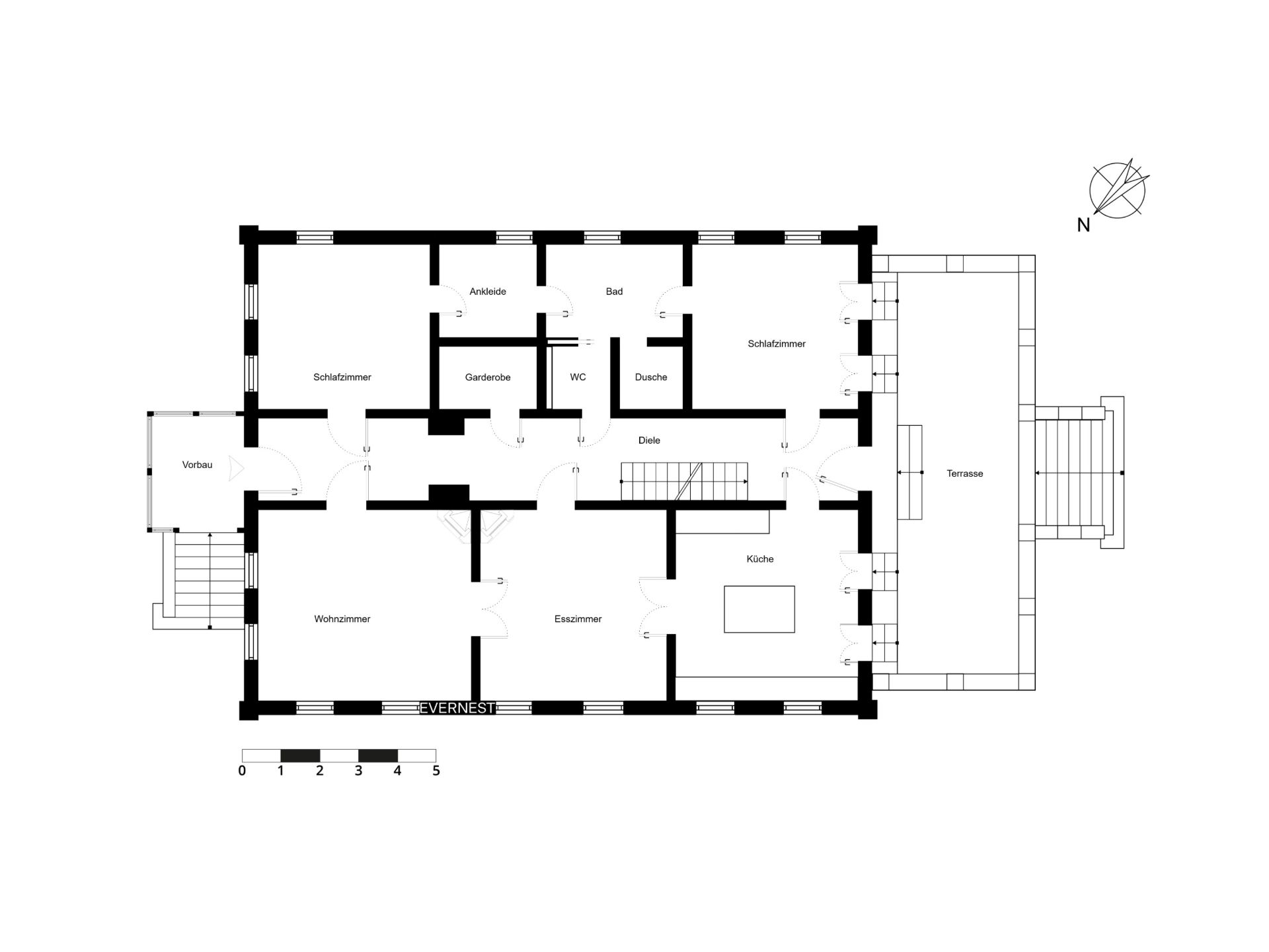 Grundriss eines Hauses mit Wohnzimmer, Esszimmer, Küche, Schlafzimmern und Terrasse.