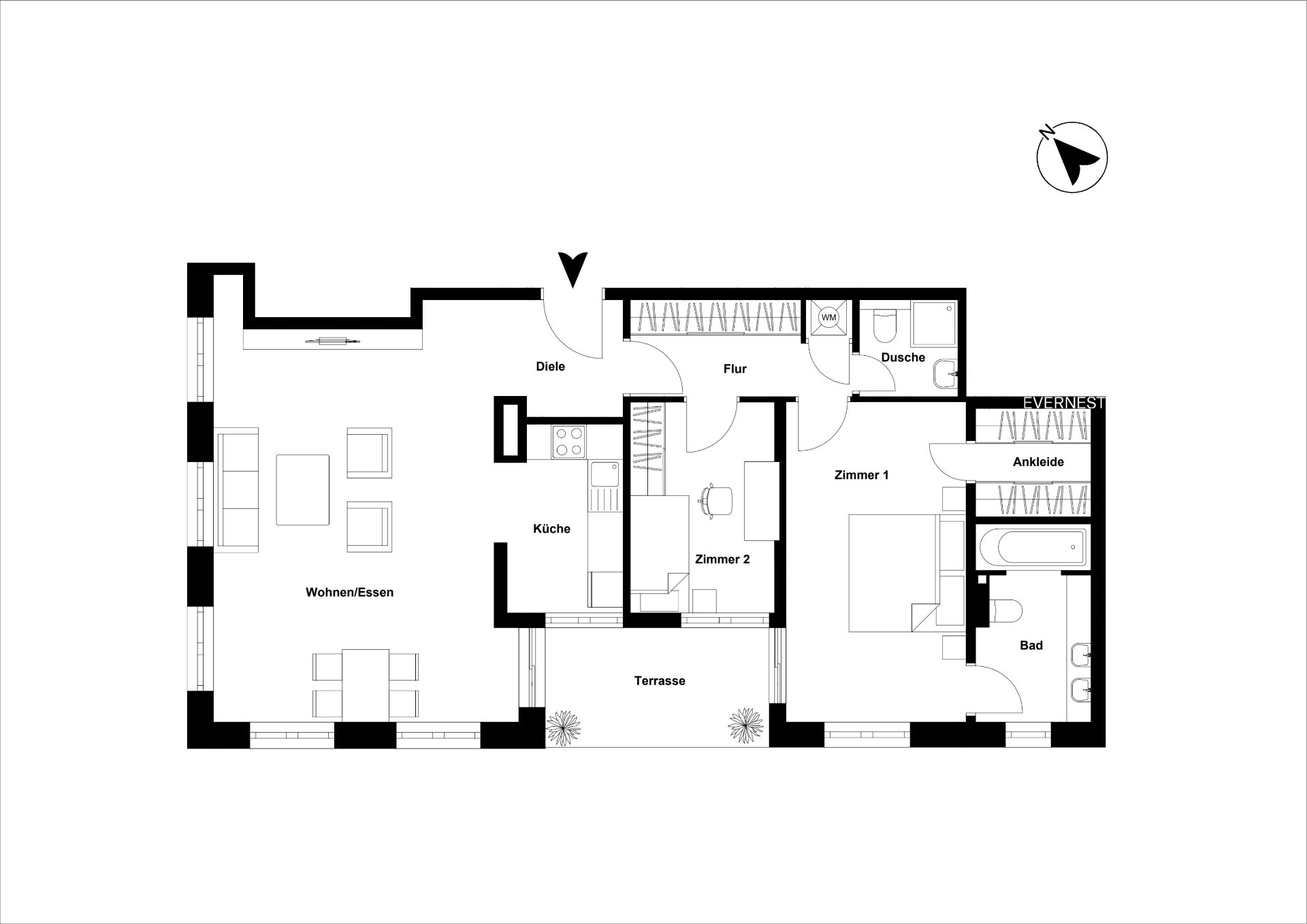 Grundriss einer Wohnung mit Wohnzimmer, Küche, zwei Zimmern, Bad, Dusche und Terrasse.