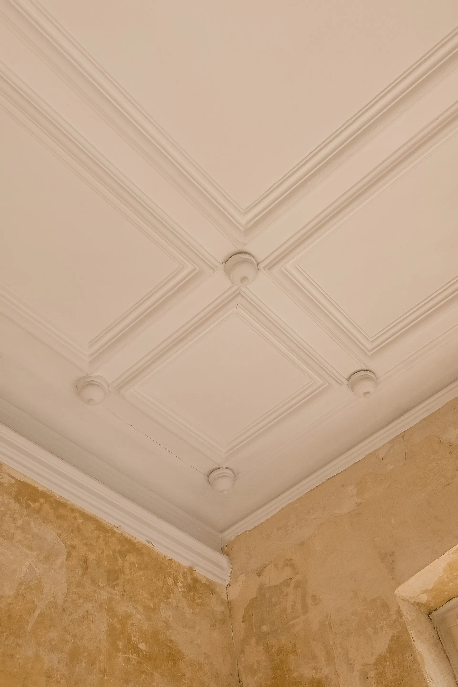 Weiße Stuckdecke mit geometrischem Muster und verzierten Ecken in einem Raum mit verputzter Wand.
