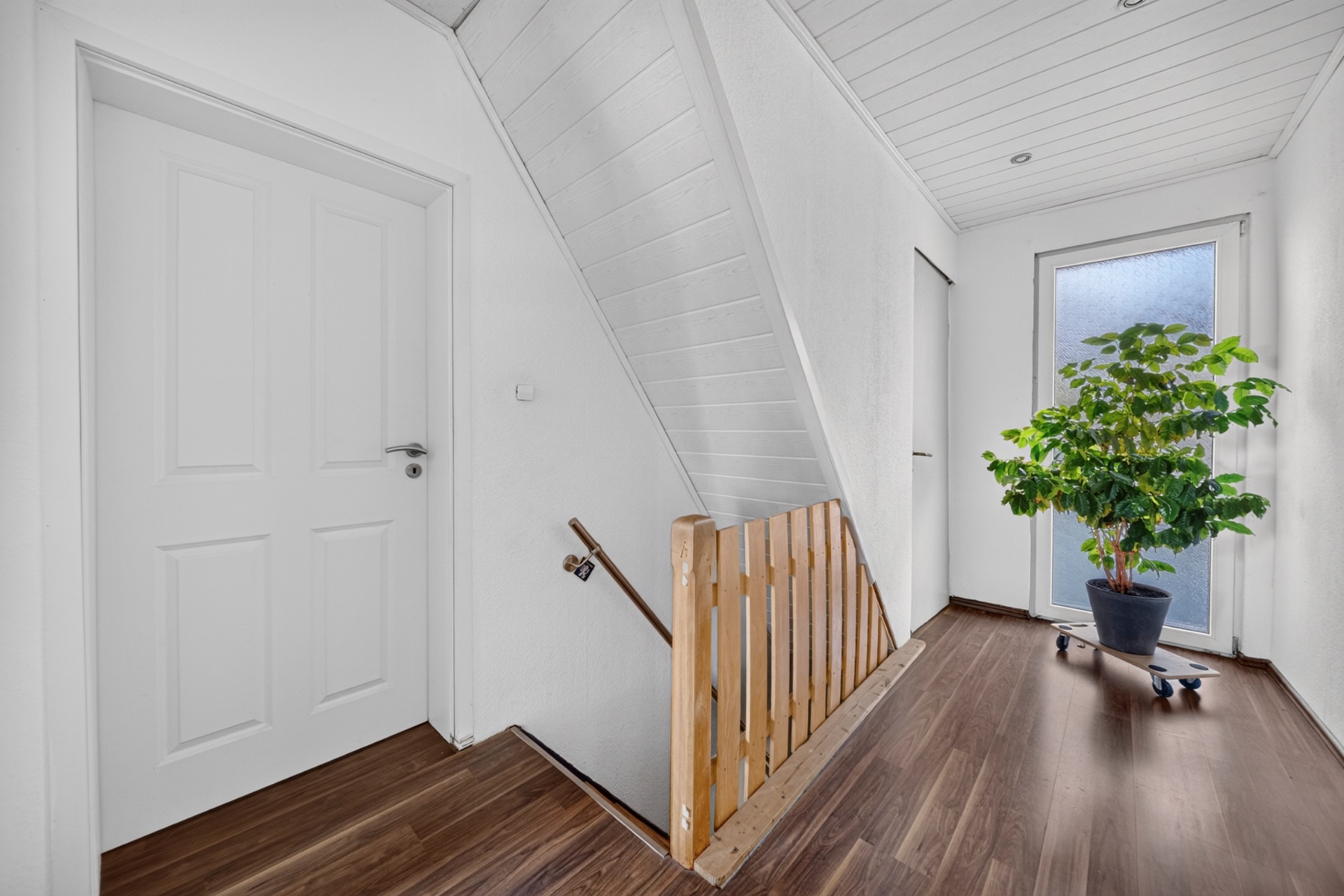 Heller Flur mit Holztreppe, einer weißen Tür und einer großen Pflanze am Fenster.