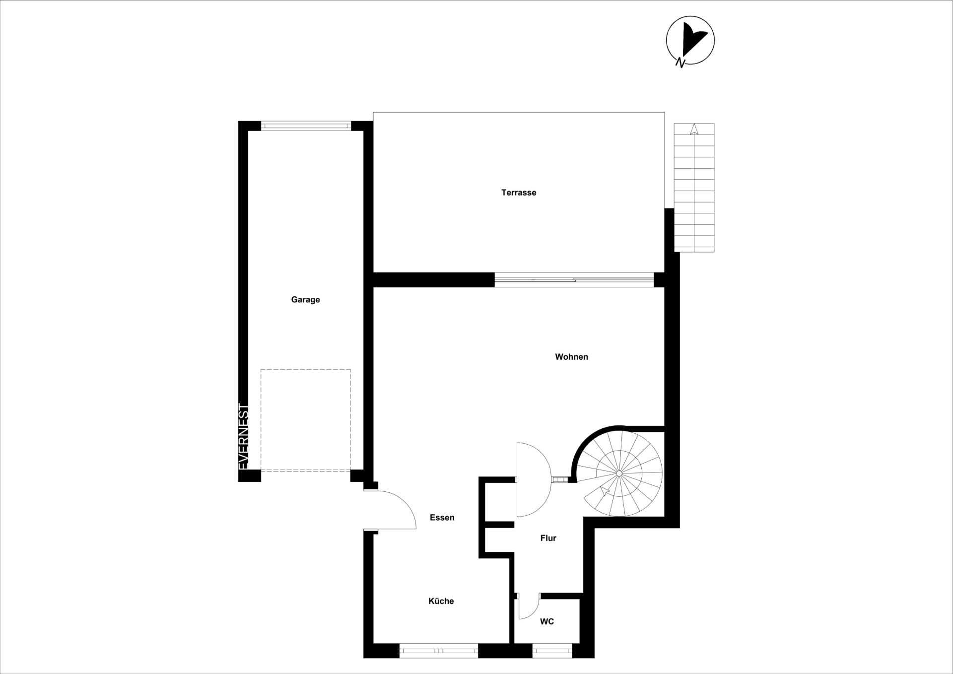 Grundriss mit Garage, Terrasse, Wohnzimmer, Küche, Essbereich, Flur und WC.
