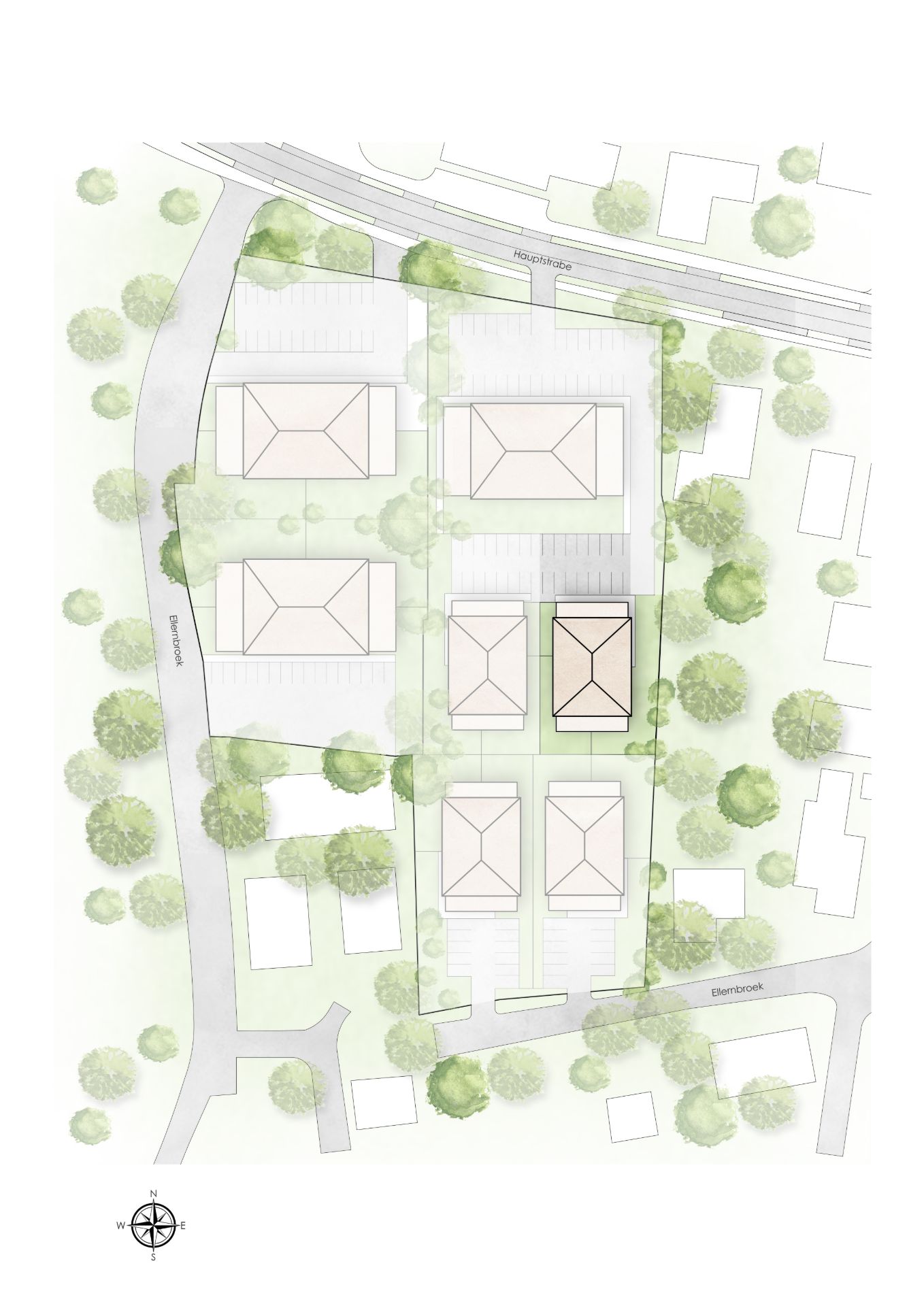 Lageplan mit mehreren Gebäuden, Grünflächen und umliegenden Straßen.