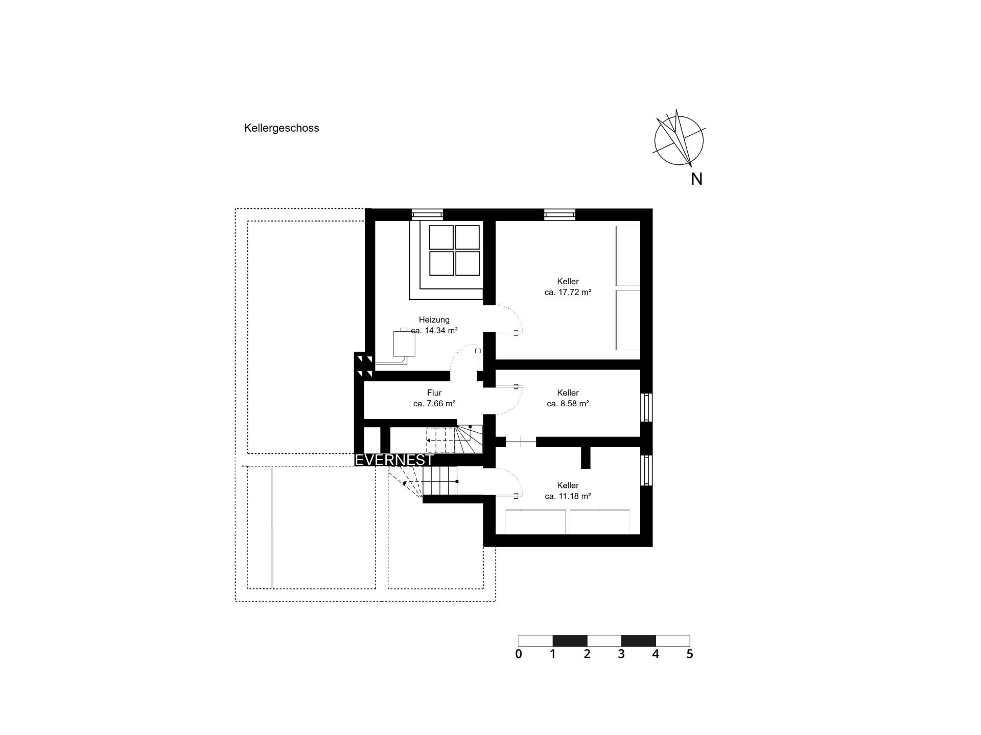 Grundriss eines Kellers mit Flur, Heizungsraum und drei Kellerräumen.