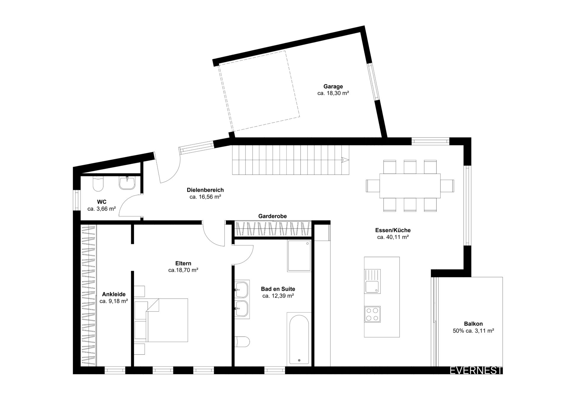 Grundriss einer Wohnung mit Schlafzimmer, Bad, Küche, Esszimmer, WC, Ankleide, Garage und Balkon.