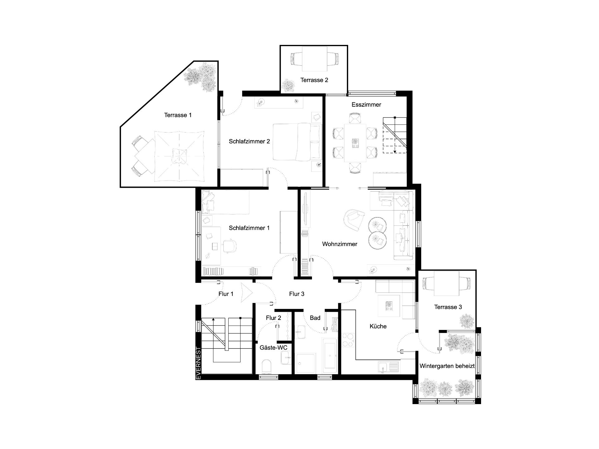 Grundriss einer Wohnung mit zwei Schlafzimmern, Wohnzimmer, Küche, Bad und drei Terrassen.