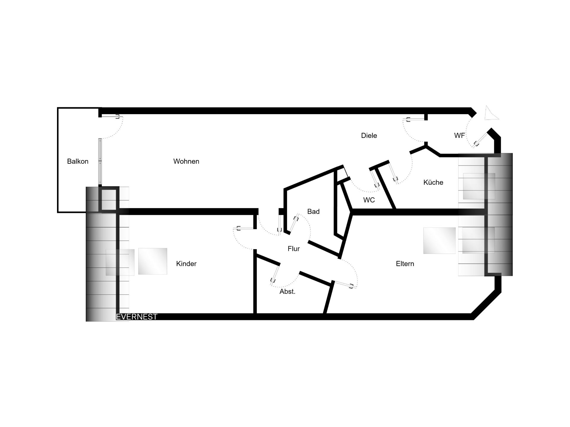 Grundriss einer Wohnung mit Balkon, Wohnzimmer, Küche, Bad, WC und drei weiteren Räumen.