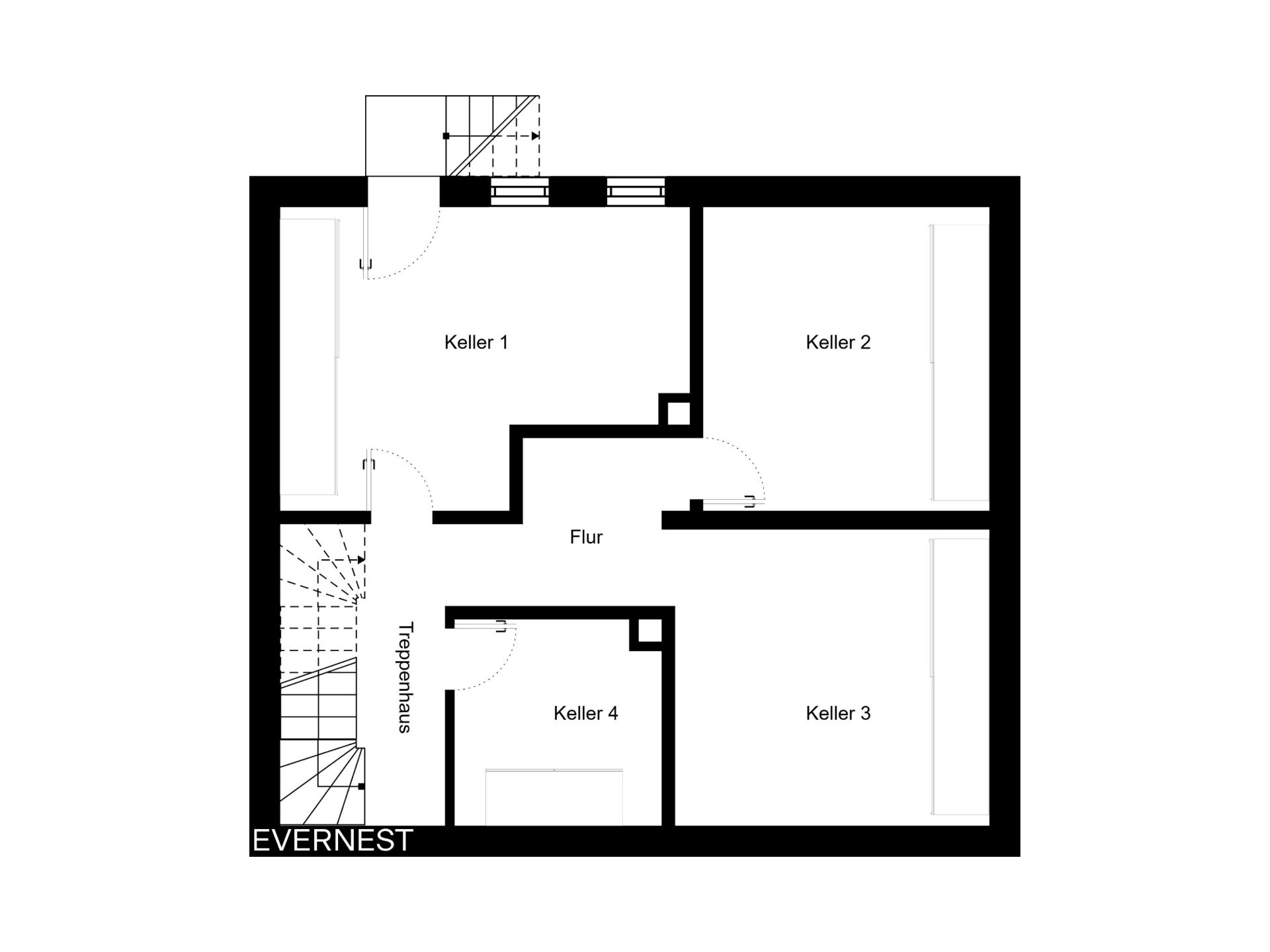 Grundriss eines Kellers mit vier Kellerräumen, Flur und Treppenhaus.