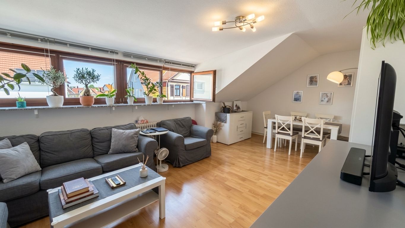 Helles Wohnzimmer mit grauem Sofa, Esstisch, vielen Pflanzen und großen Fenstern.