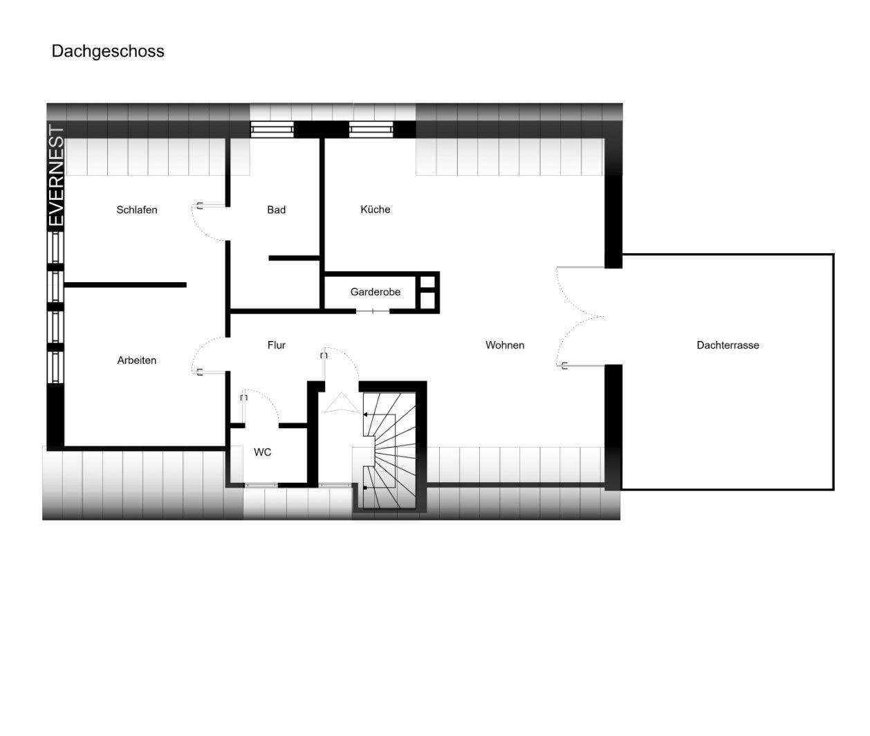 Grundriss eines Dachgeschosses mit Schlaf-, Arbeits-, Wohnraum, Küche, Bad, WC und Dachterrasse.