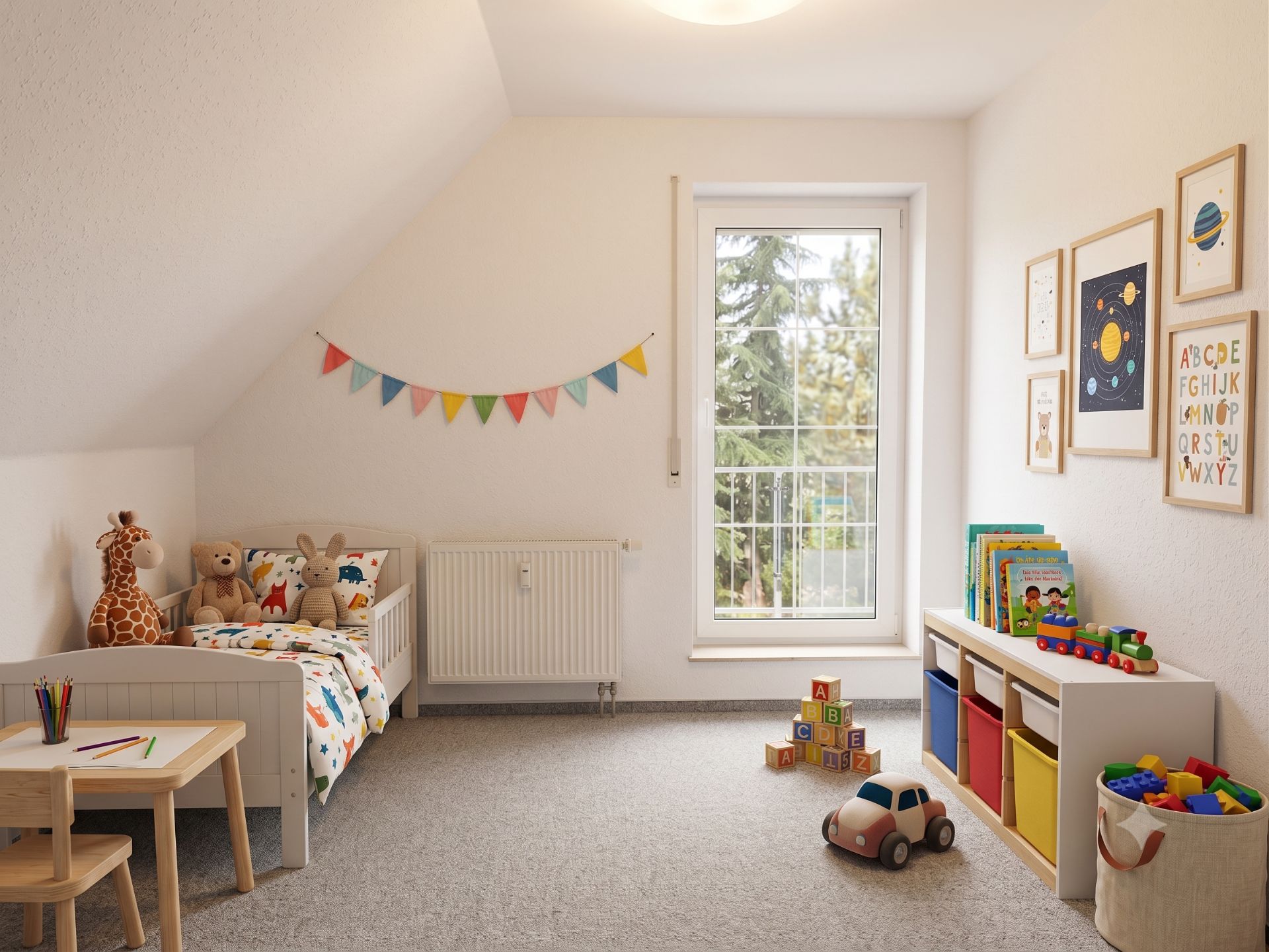 Helles Kinderzimmer mit Bett, Spielzeug, Büchern, kleinem Tisch und großen Fenstern.
