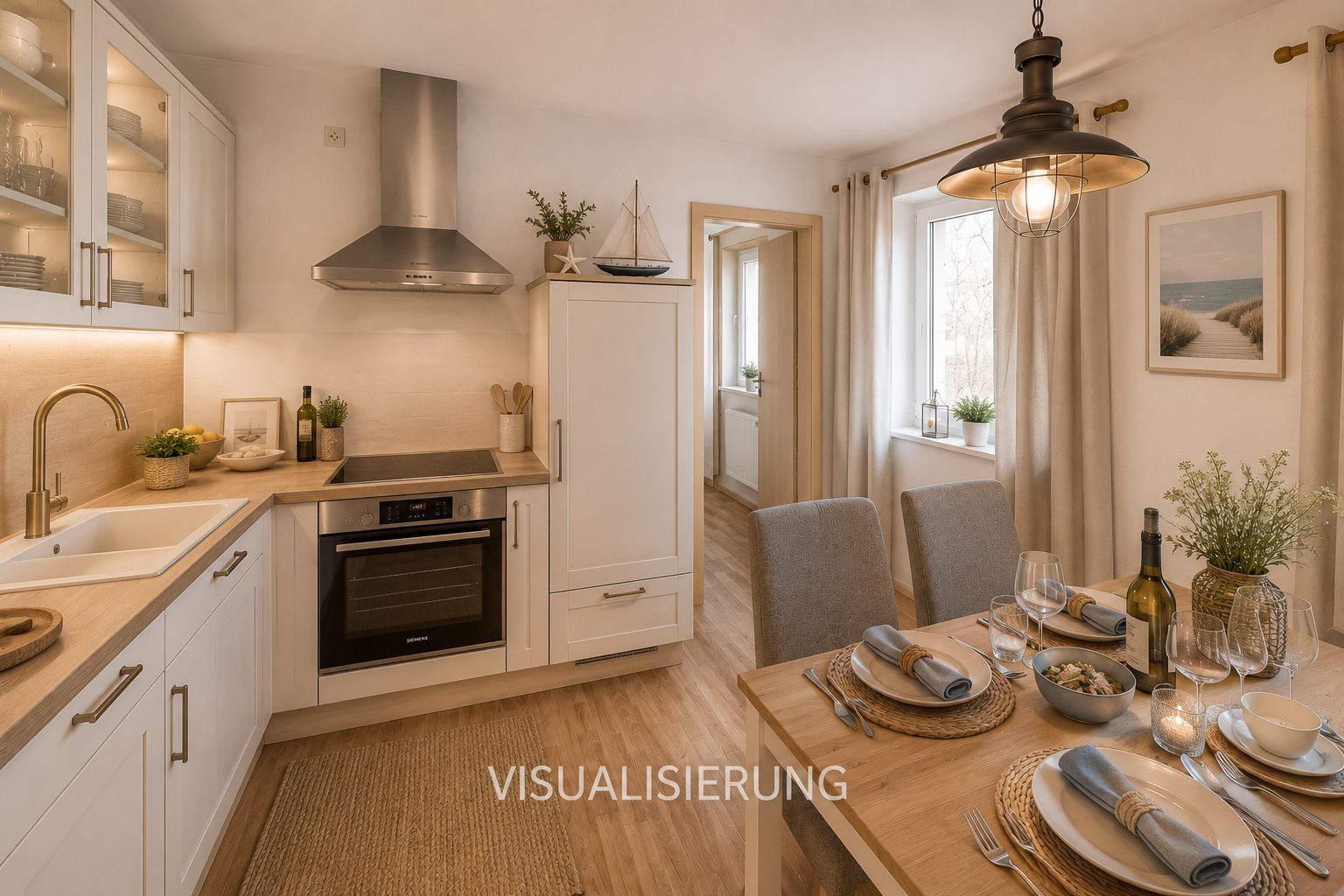 Moderne Küche mit Esstisch, vier gedeckten Plätzen und großen Fenstern mit Vorhängen.