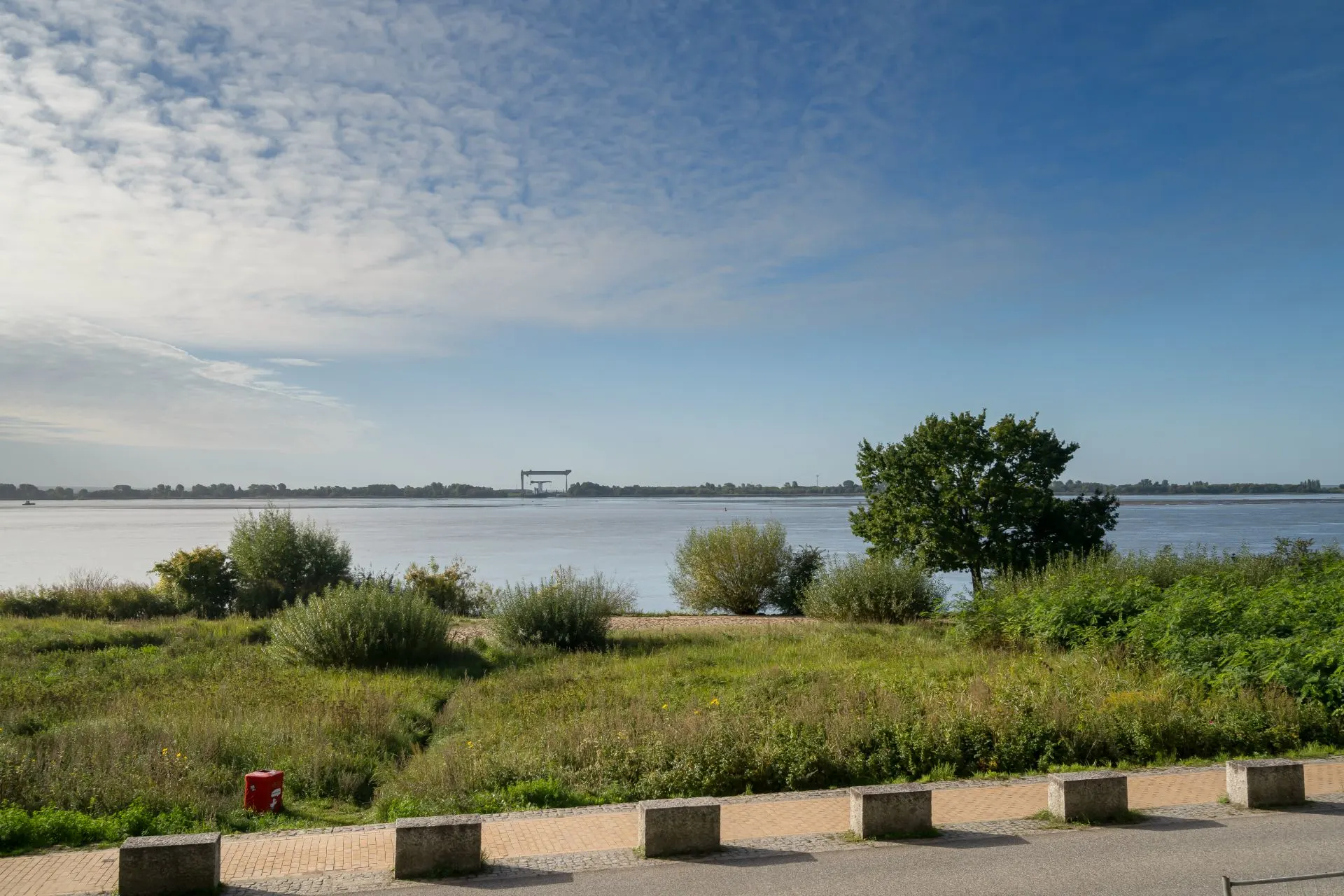Blick auf einen Fluss mit Wiese, Bäumen und blauem Himmel im Hintergrund.