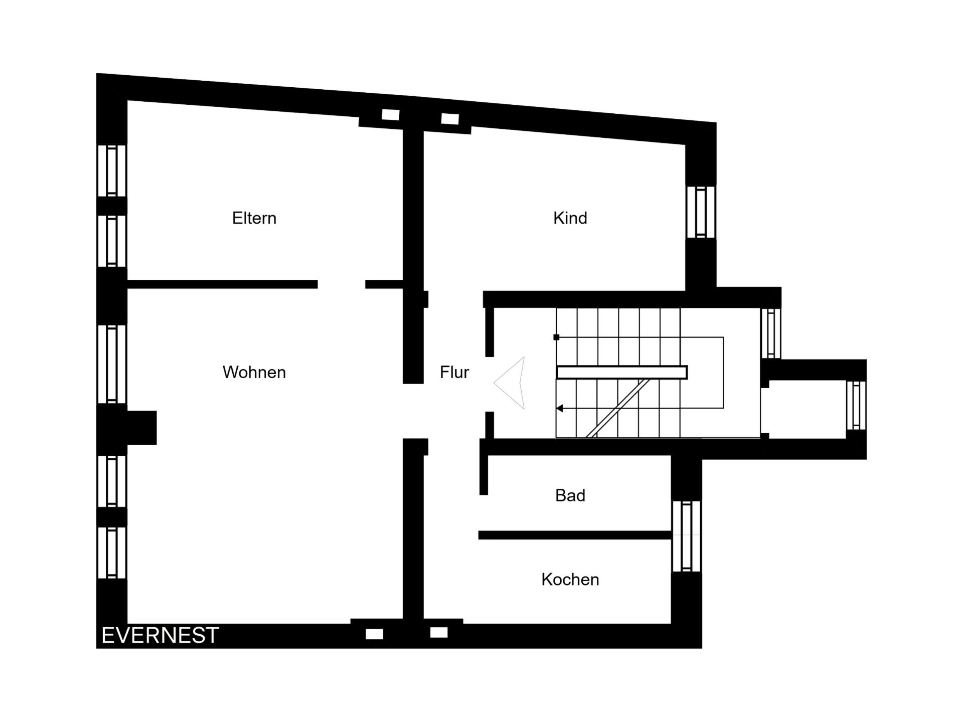 Grundriss mit Zimmern: Eltern, Kind, Wohnen, Flur, Bad und Kochen.