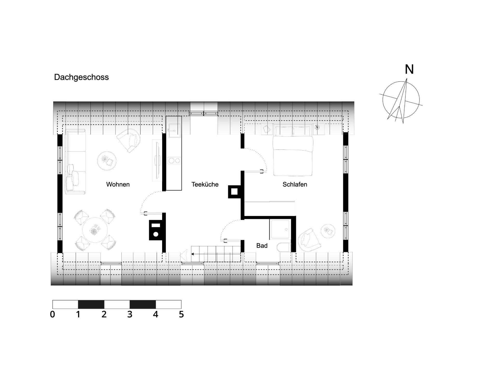 Grundriss eines Dachgeschosses mit Wohn-, Schlafbereich, Teeküche und Bad.