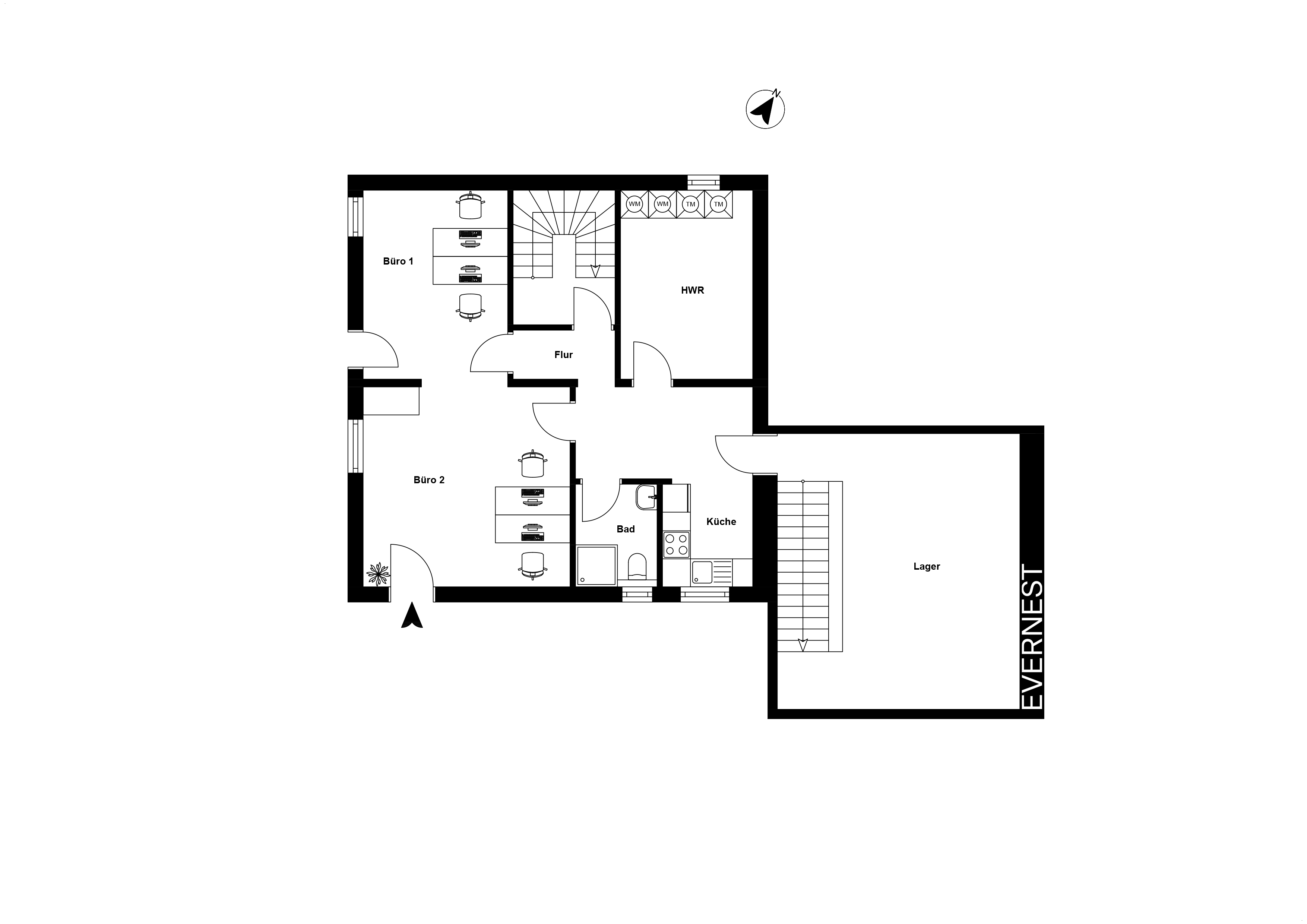 Grundriss mit zwei Büros, Küche, Bad, Flur, Hauswirtschaftsraum und Lagerraum.