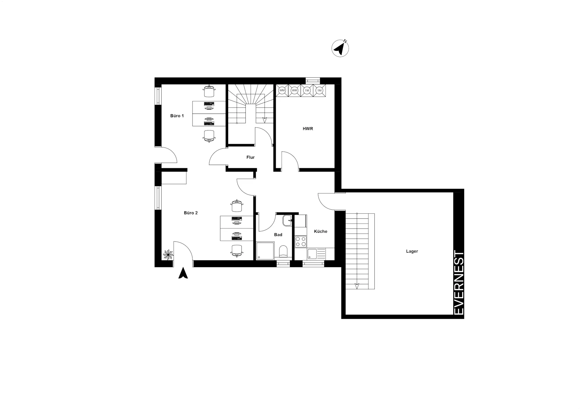 Grundriss mit zwei Büros, Küche, Bad, Flur, Hauswirtschaftsraum und Lagerraum.