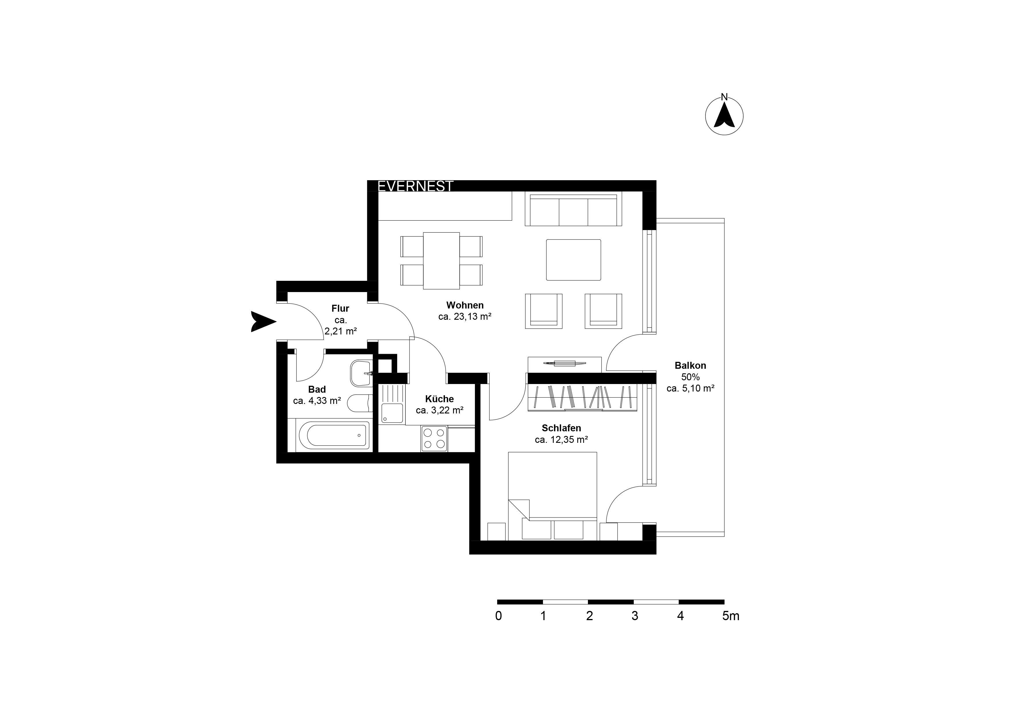 Grundriss einer Wohnung mit Wohnzimmer, Schlafzimmer, Küche, Bad, Flur und Balkon.