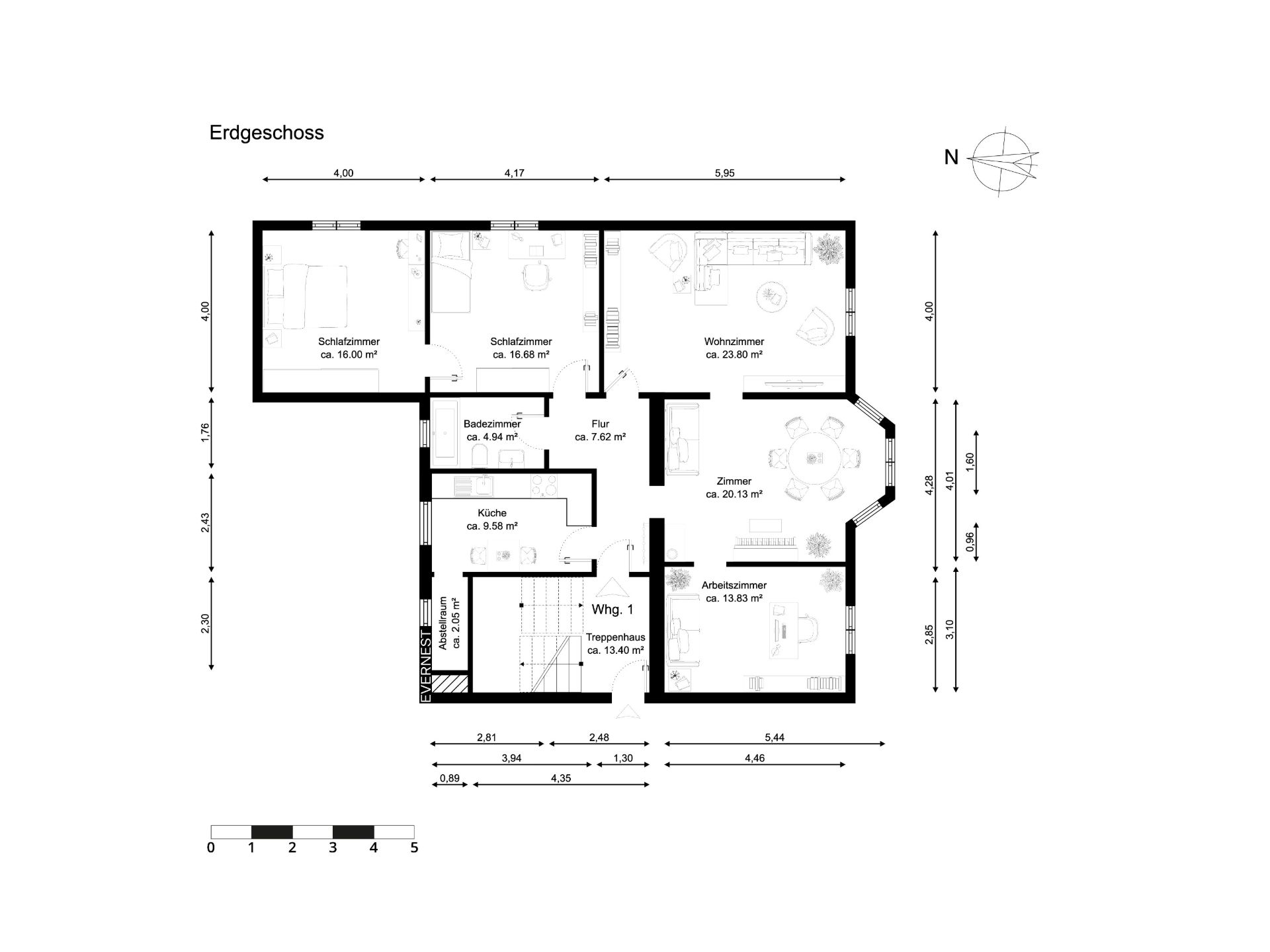Grundriss des Erdgeschosses mit Schlafzimmern, Wohnzimmer, Küche, Bad und weiteren Zimmern.