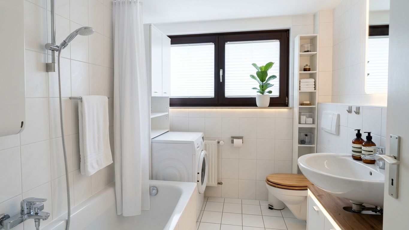 Helles Badezimmer mit Badewanne, Waschmaschine, WC, Waschbecken und großem Fenster.