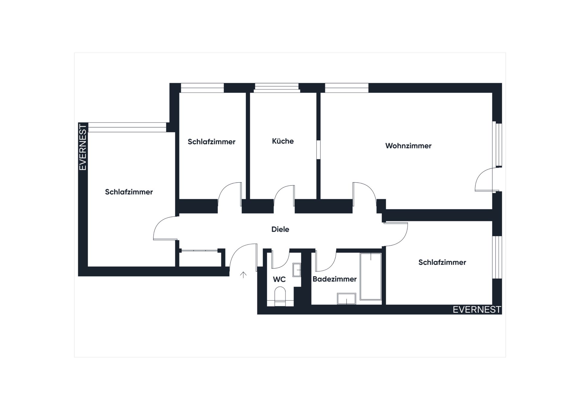 Grundriss mit drei Schlafzimmern, Wohnzimmer, Küche, Badezimmer, WC und Diele.