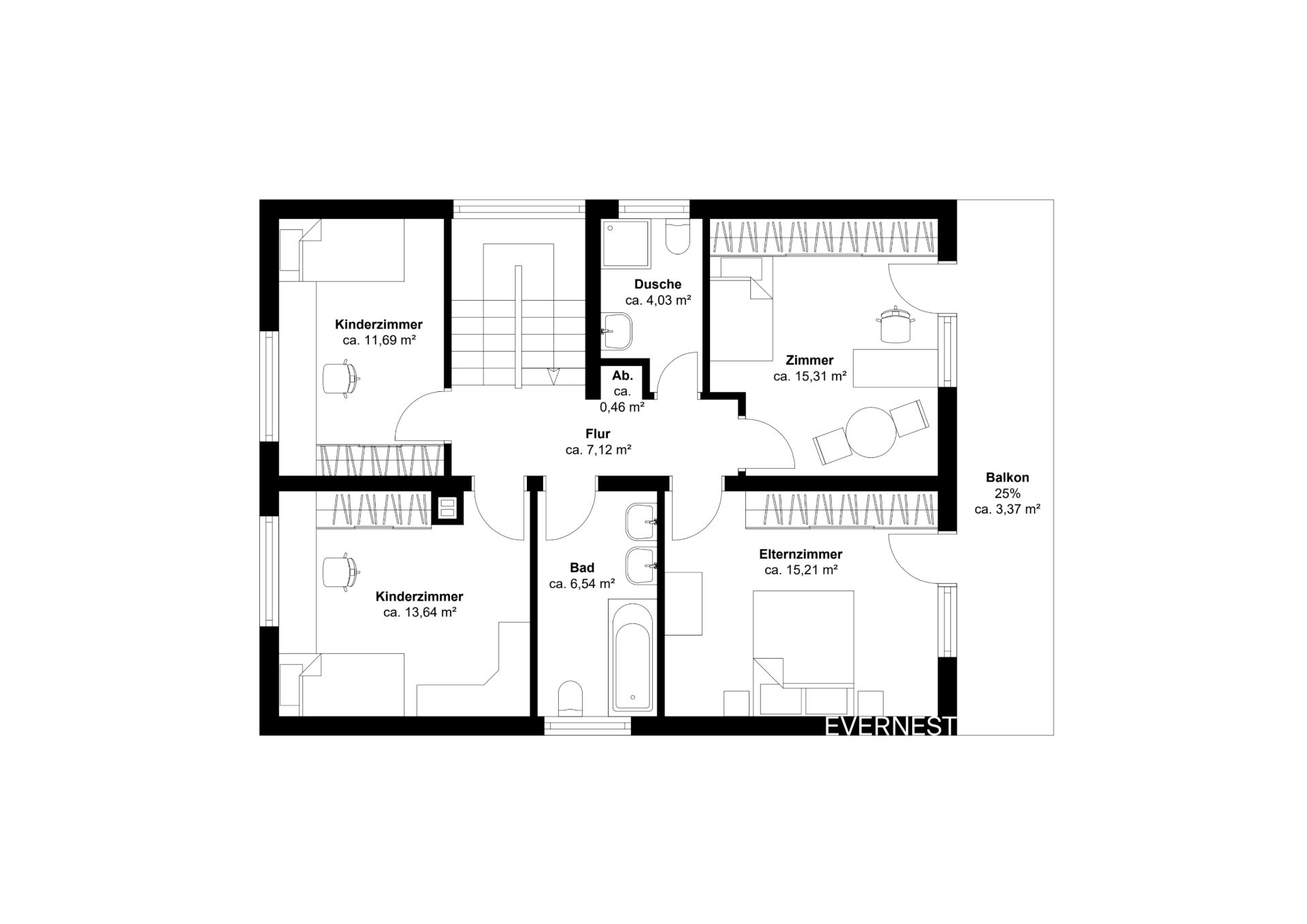 Grundriss mit zwei Kinderzimmern, Elternzimmer, Bad, Dusche, Flur, Balkon und einem weiteren Zimmer.