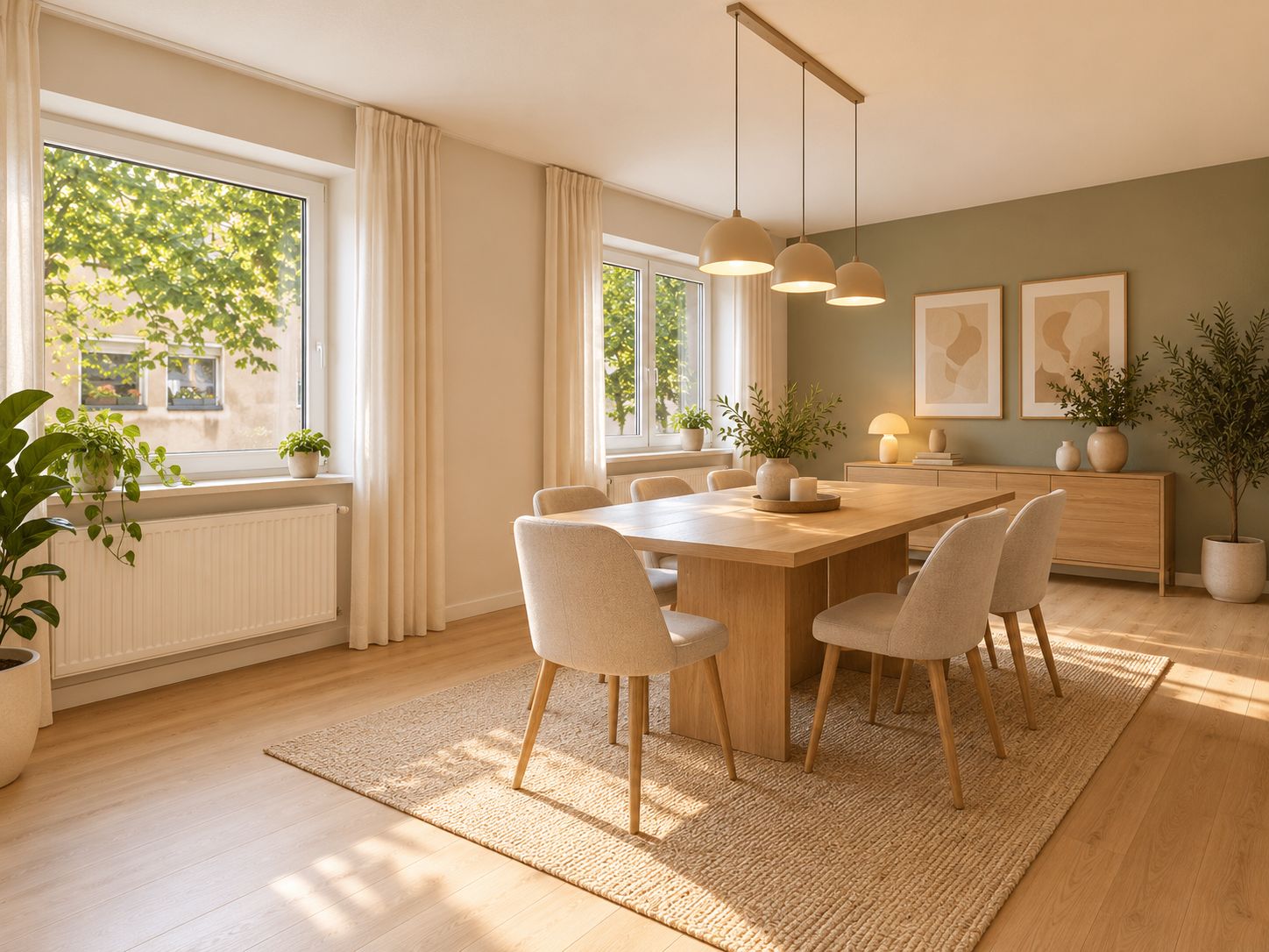 Helles Esszimmer mit großem Holztisch, sechs Stühlen, Teppich, Pflanzen und großen Fenstern.