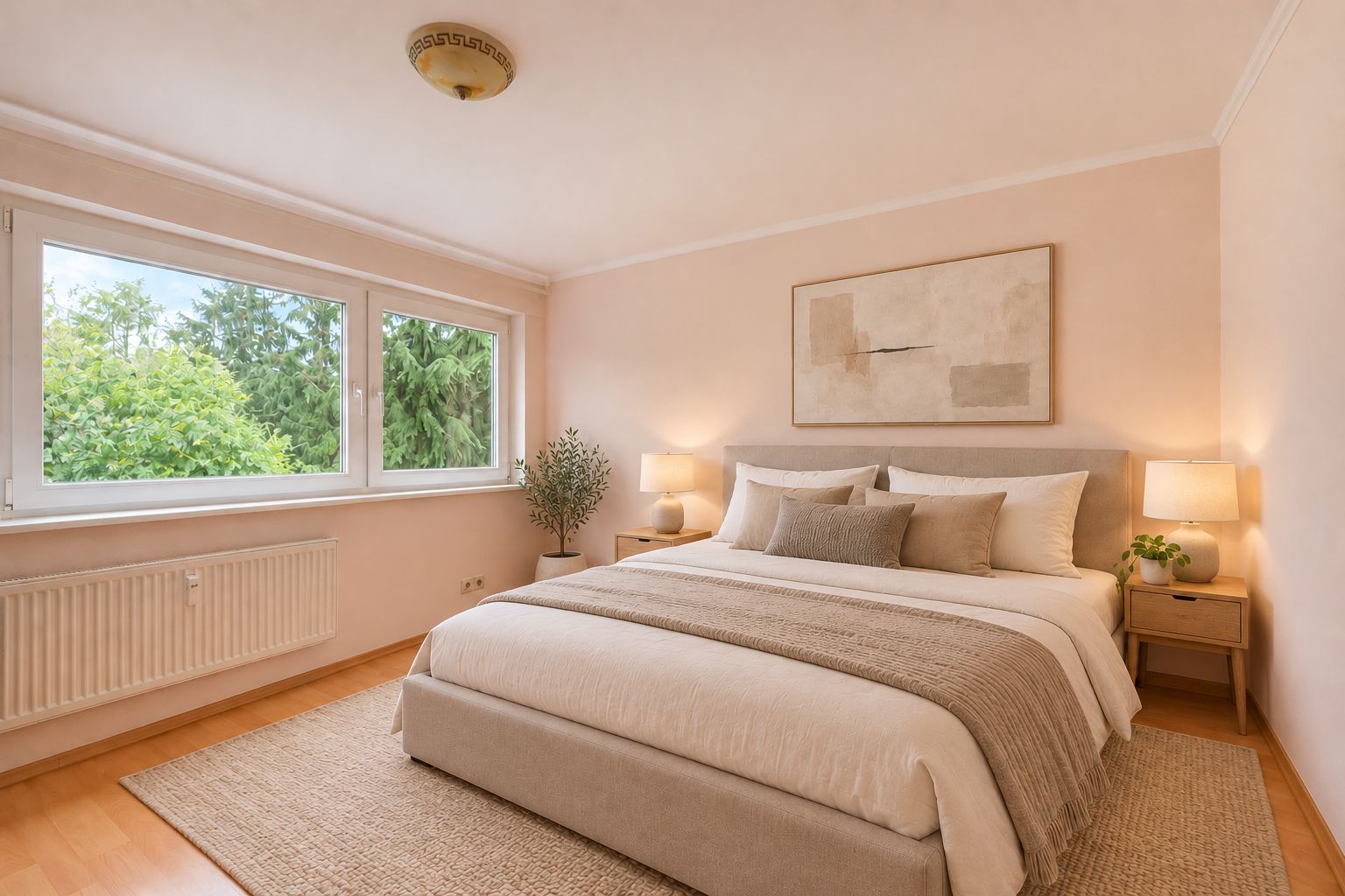 Helles Schlafzimmer mit großem Bett, Teppich, zwei Nachttischen und Fenstern mit Blick auf Bäume.