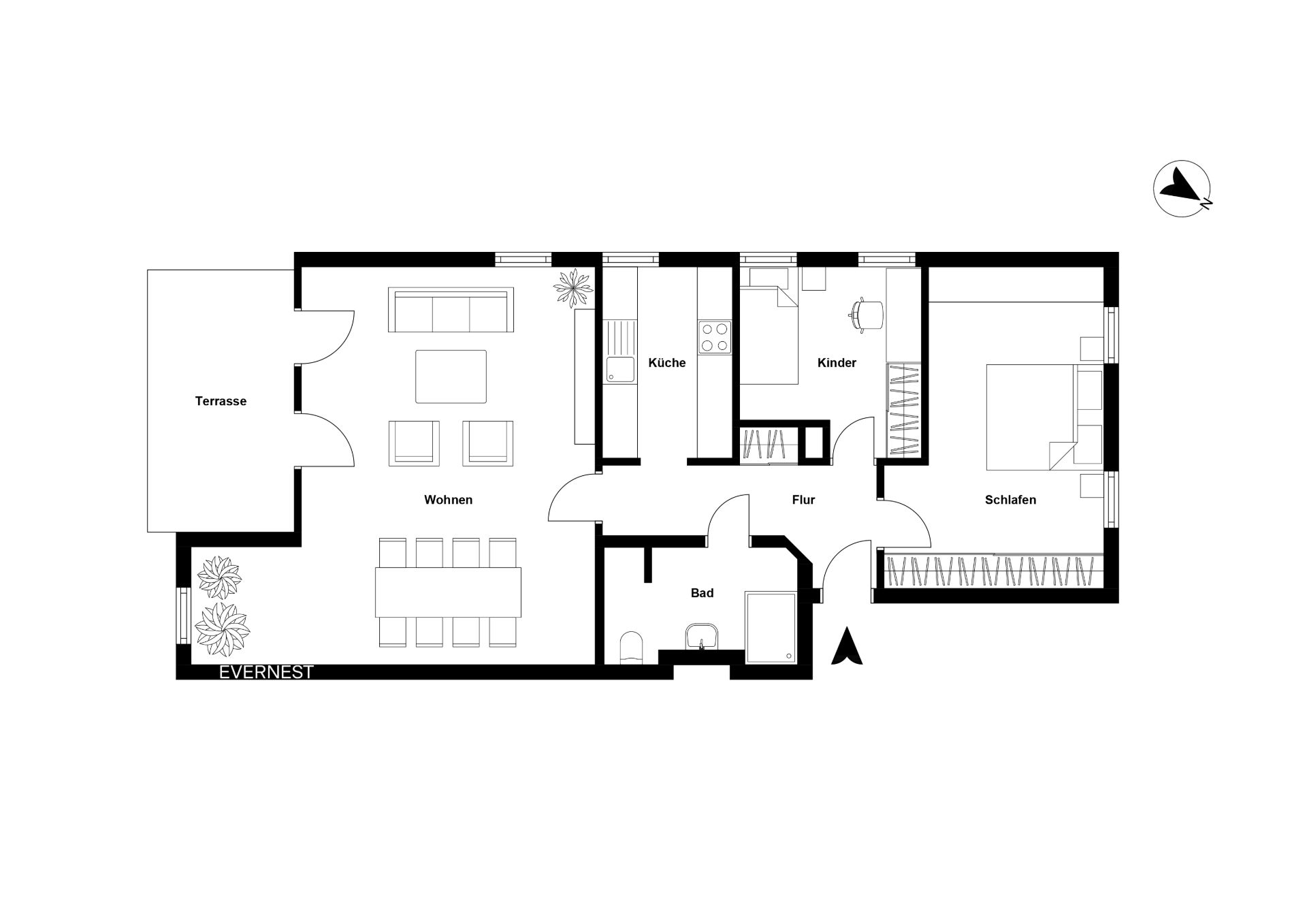 Grundriss einer Wohnung mit Wohnzimmer, Küche, zwei Schlafzimmern, Bad und Terrasse.