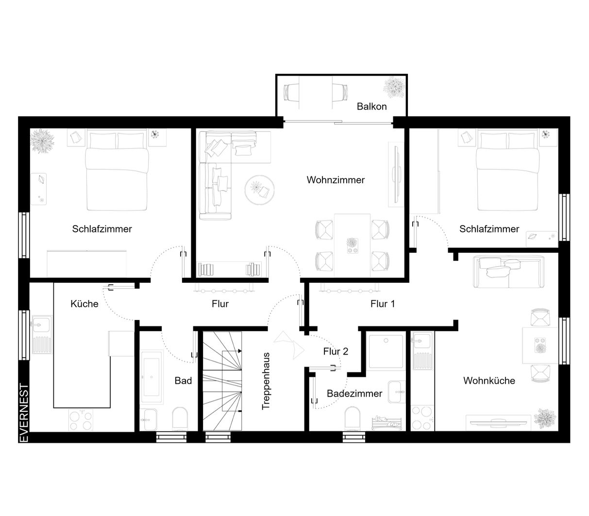 Grundriss einer Wohnung mit Wohnzimmer, zwei Schlafzimmern, Wohnküche, Küche, Bad, Balkon und Fluren.