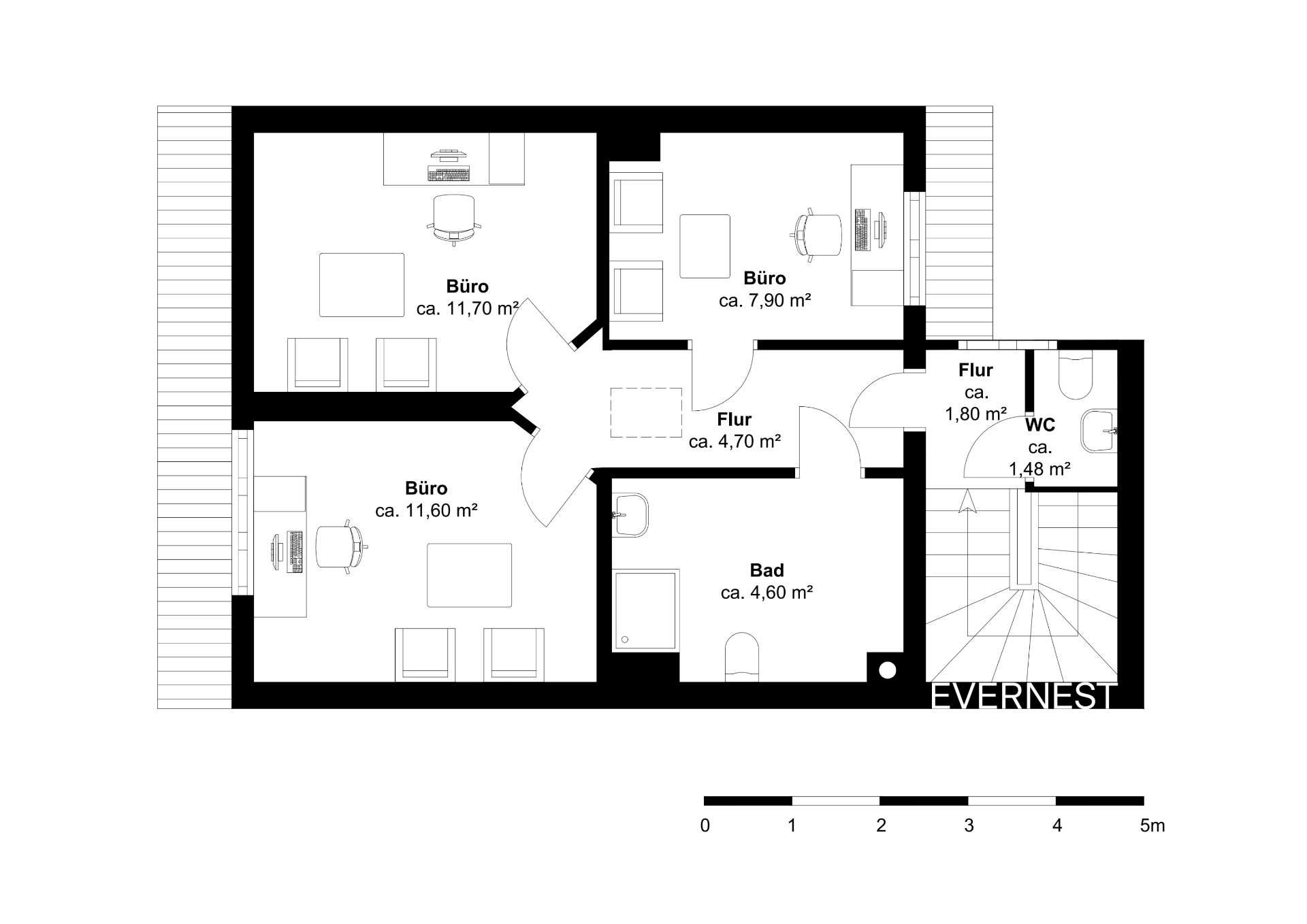 Grundriss mit drei Büros, Flur, Bad und WC, jeweils mit Quadratmeterangaben.