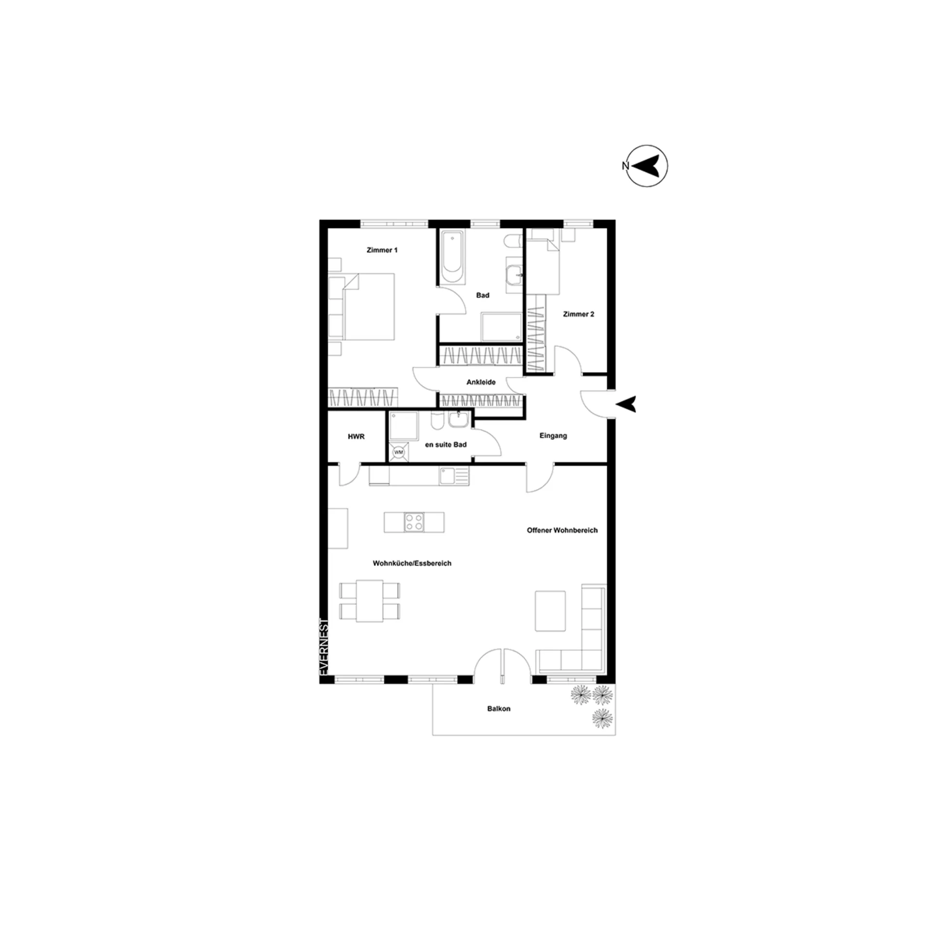 Grundriss einer Wohnung mit zwei Zimmern, zwei Bädern, Wohnküche und Balkon.