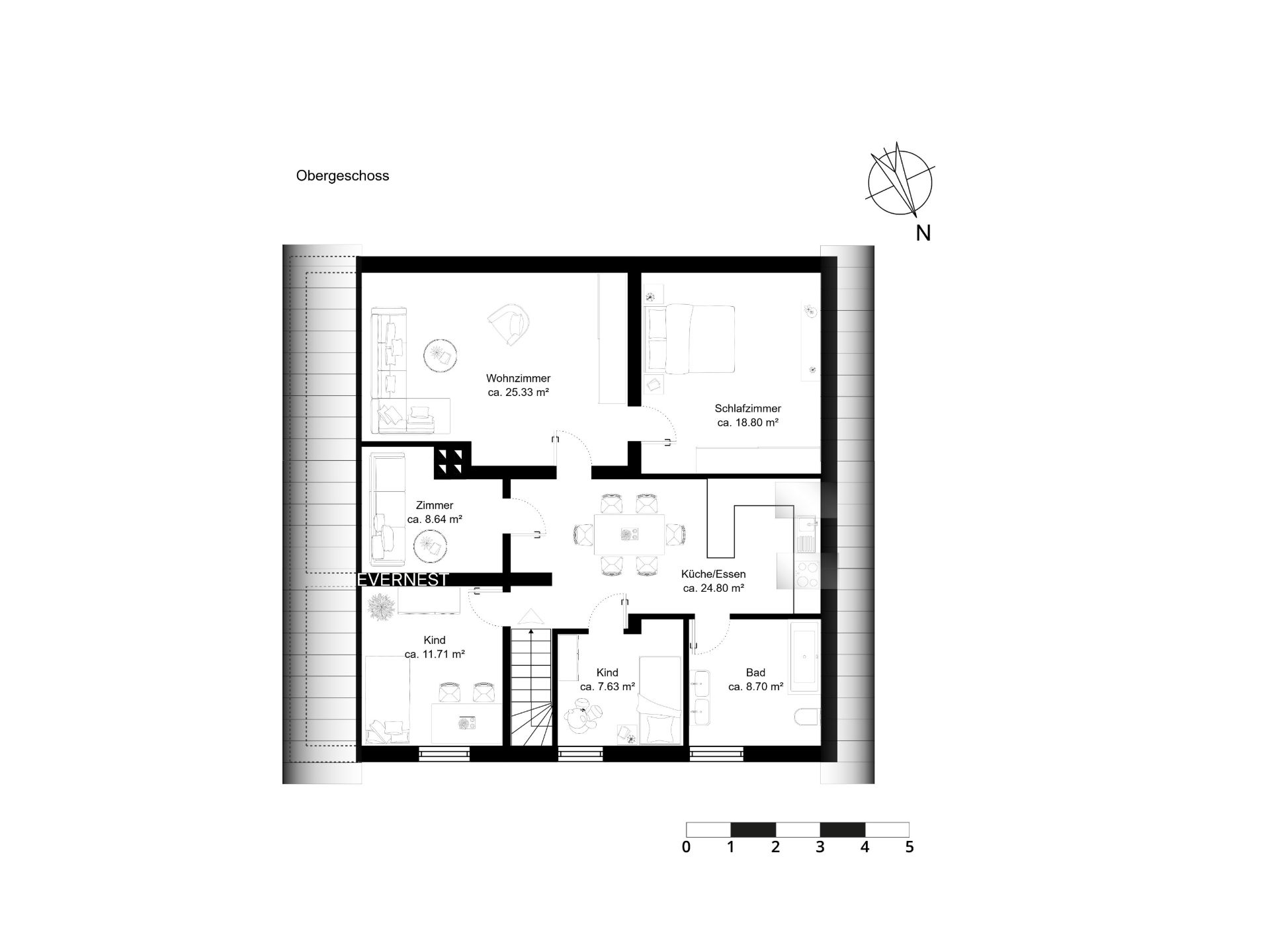 Grundriss eines Obergeschosses mit Wohnzimmer, Schlafzimmer, Küche, Bad und mehreren Zimmern.