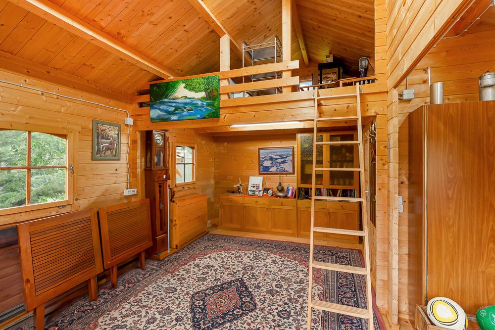 Heller Wohnraum aus Holz mit Teppich, Leiter zur Galerie und Gemälden an den Wänden.