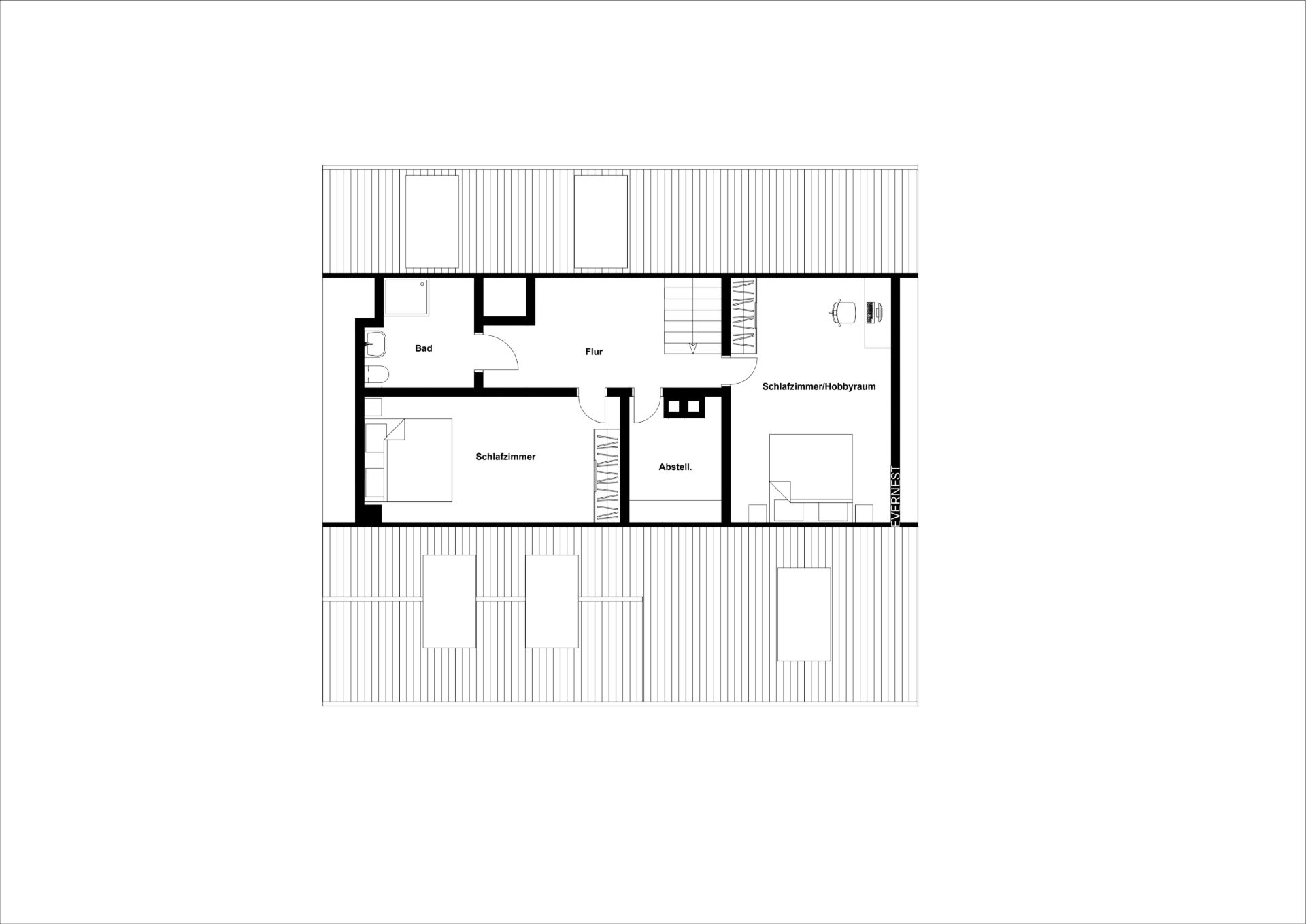 Grundriss eines Obergeschosses mit Schlafzimmer, Bad, Flur, Abstellraum und großem Zimmer.