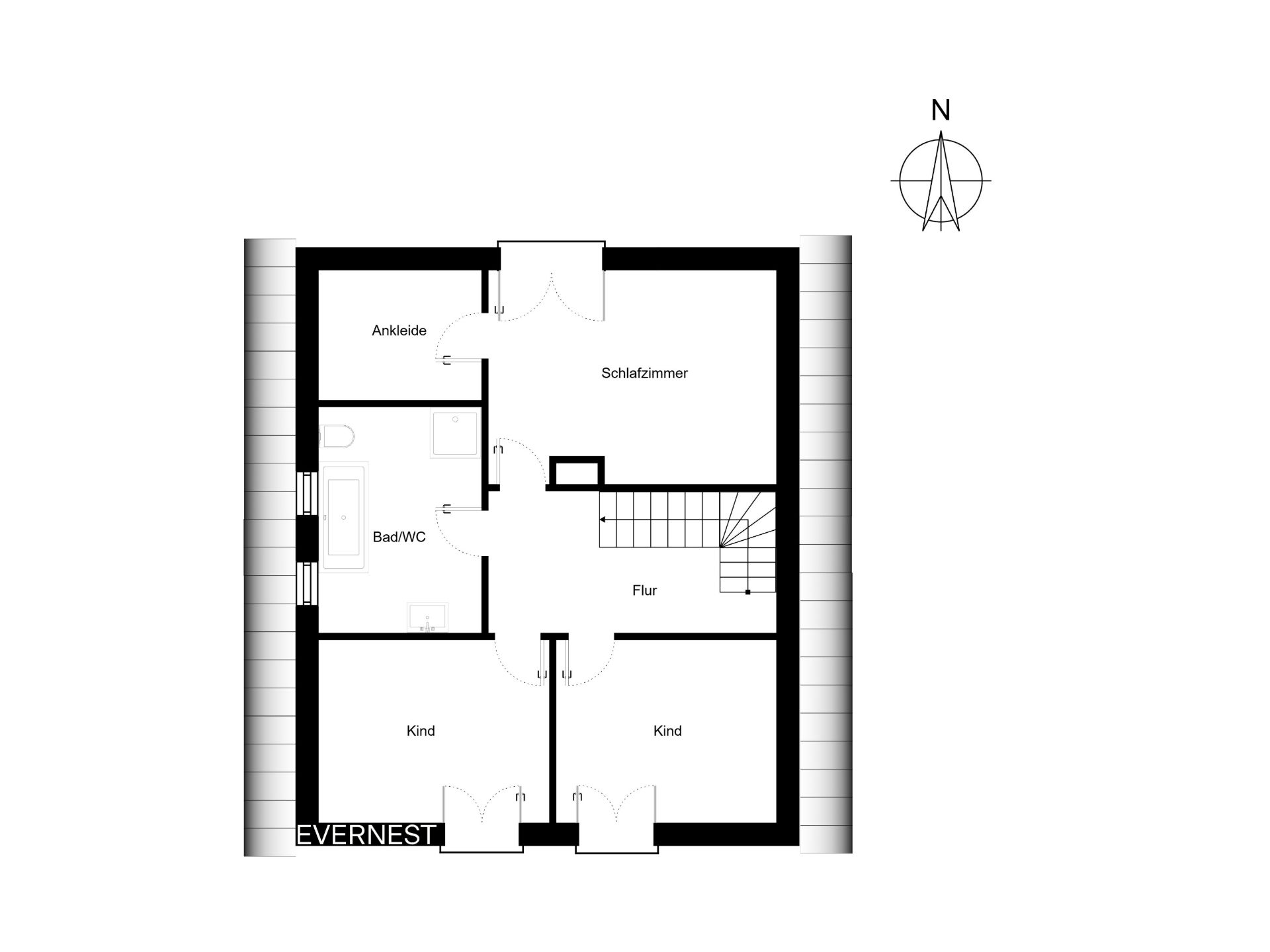Grundriss mit Schlafzimmer, zwei Kinderzimmern, Ankleide, Bad/WC und Flur.