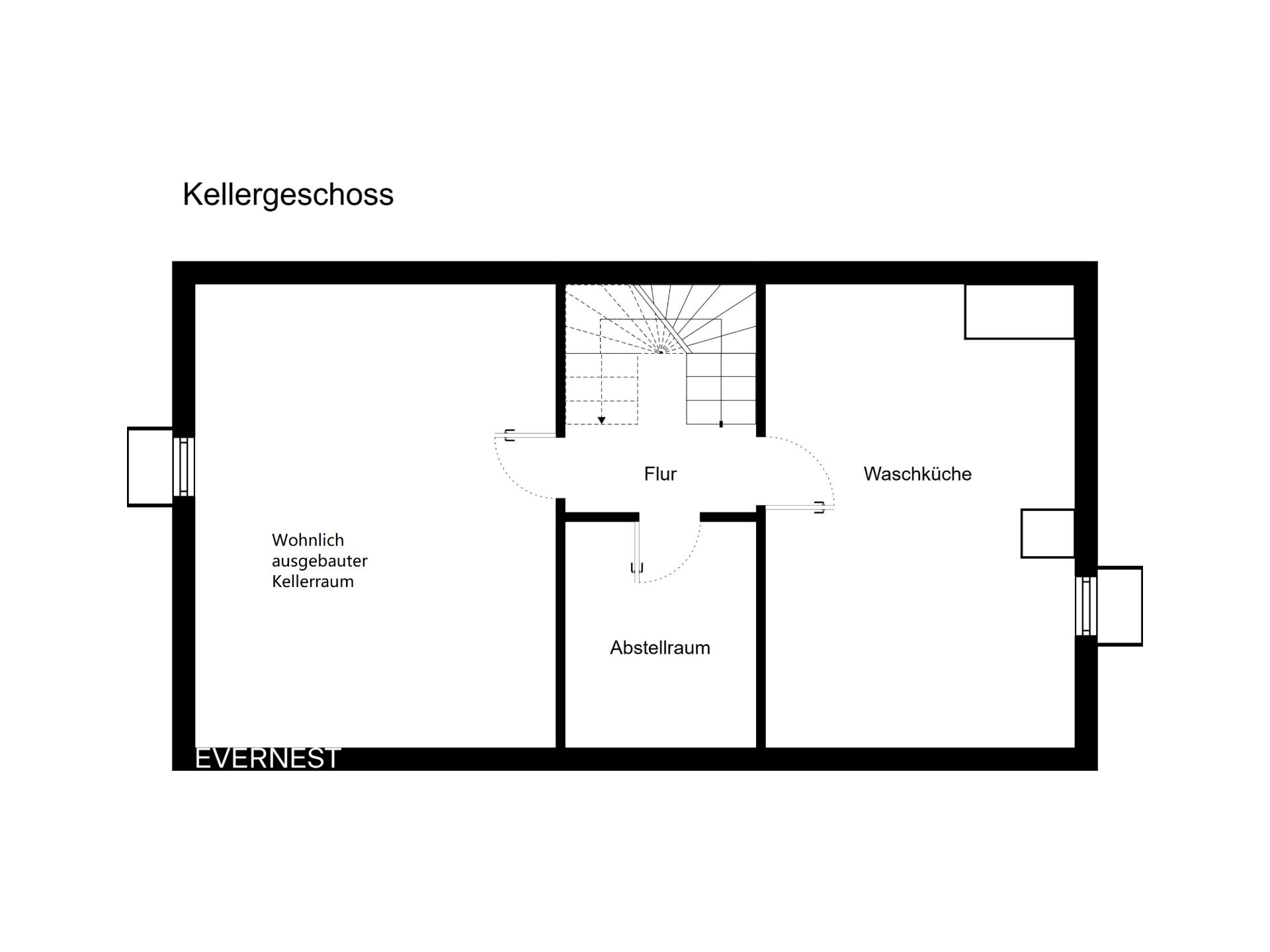 Grundriss des Kellers mit Wohnkeller, Abstellraum, Flur und Waschküche.
