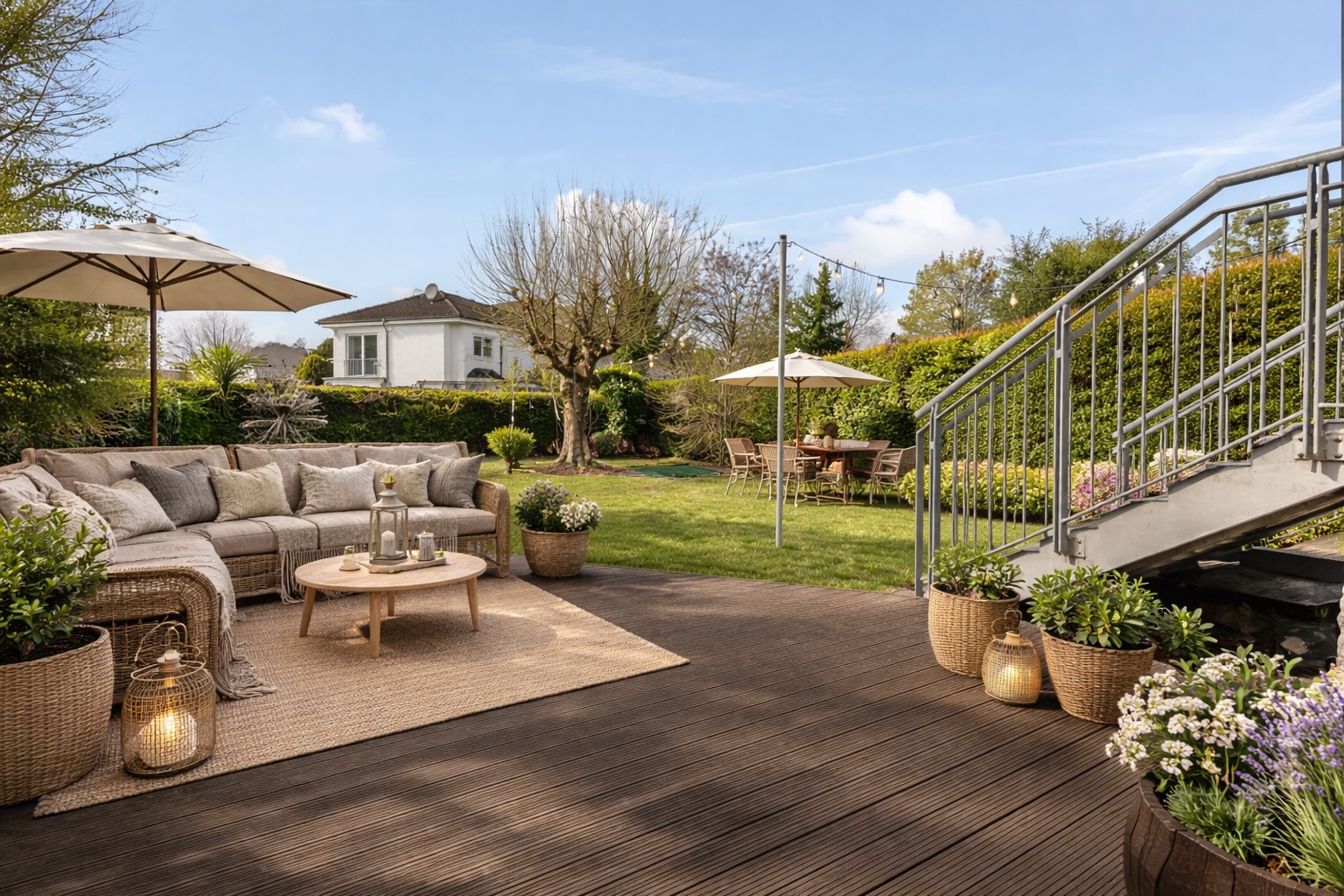 Garten mit Terrasse, Sitzgruppe, Sonnenschirm und Treppe, umgeben von Pflanzen.