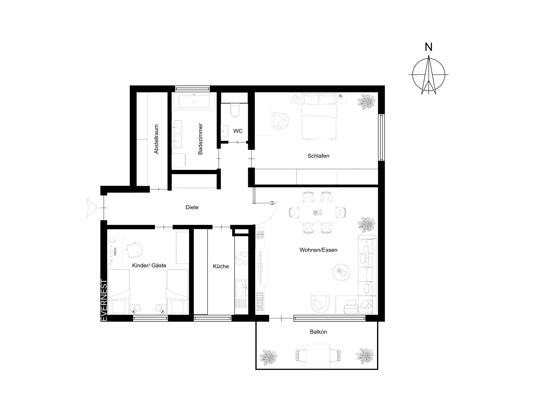 Grundriss einer Wohnung mit Balkon, Schlafzimmer, Kinderzimmer, Küche, Bad und Wohnbereich.