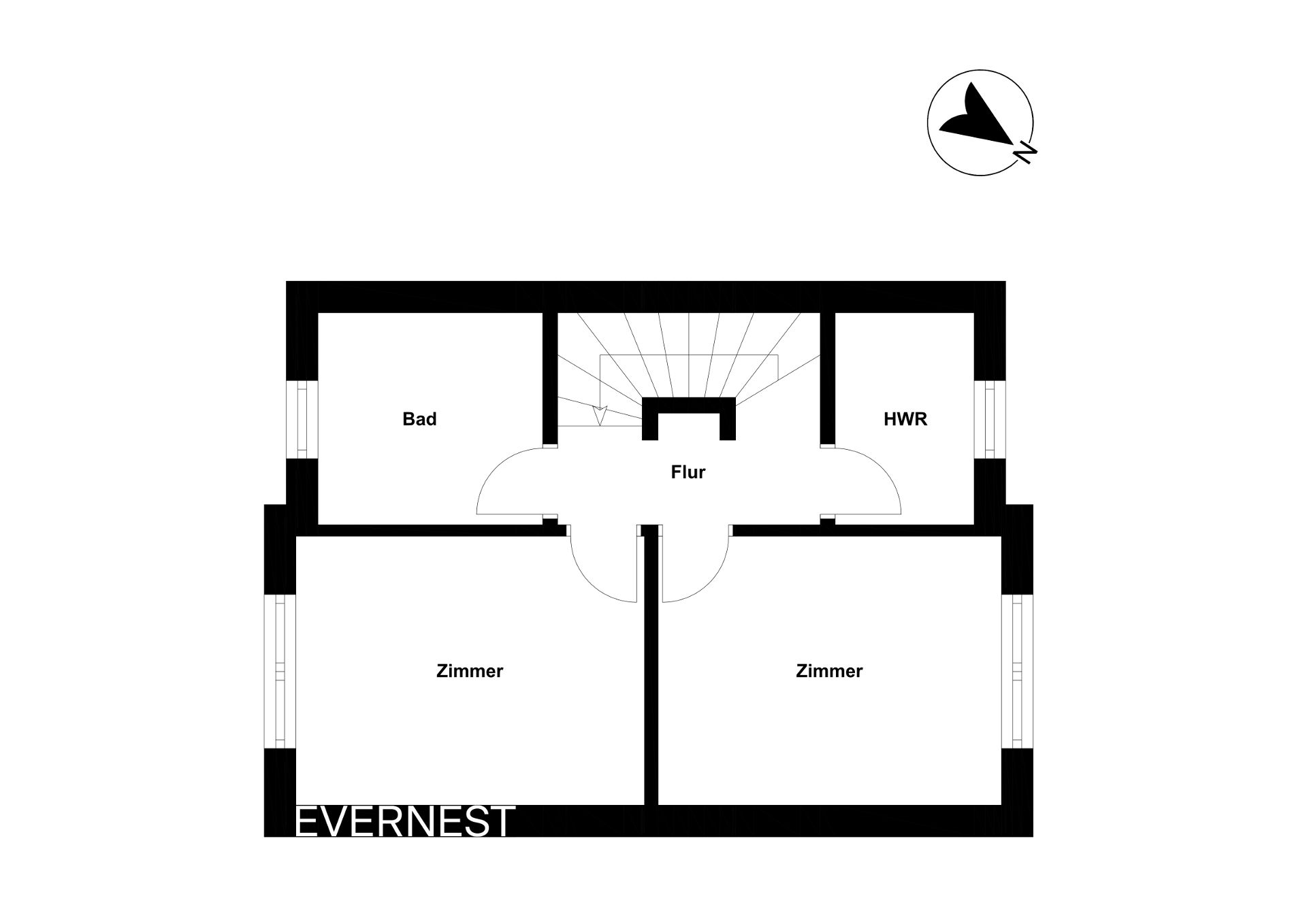 Grundriss mit Flur, Bad, Hauswirtschaftsraum und zwei Zimmern.