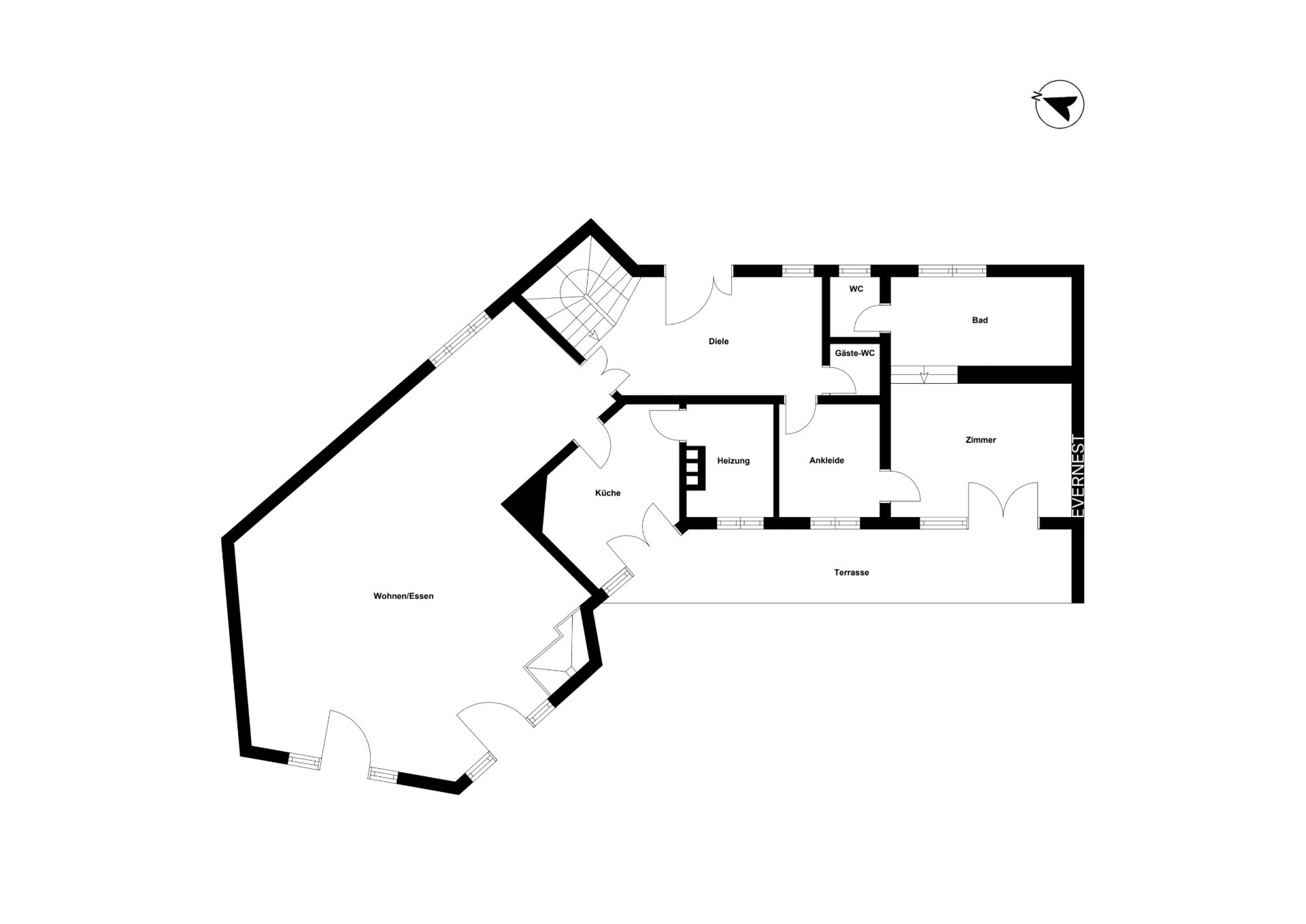 Grundriss eines Wohnhauses mit Wohn-/Esszimmer, Küche, Diele, Bad, WC und Terrasse.