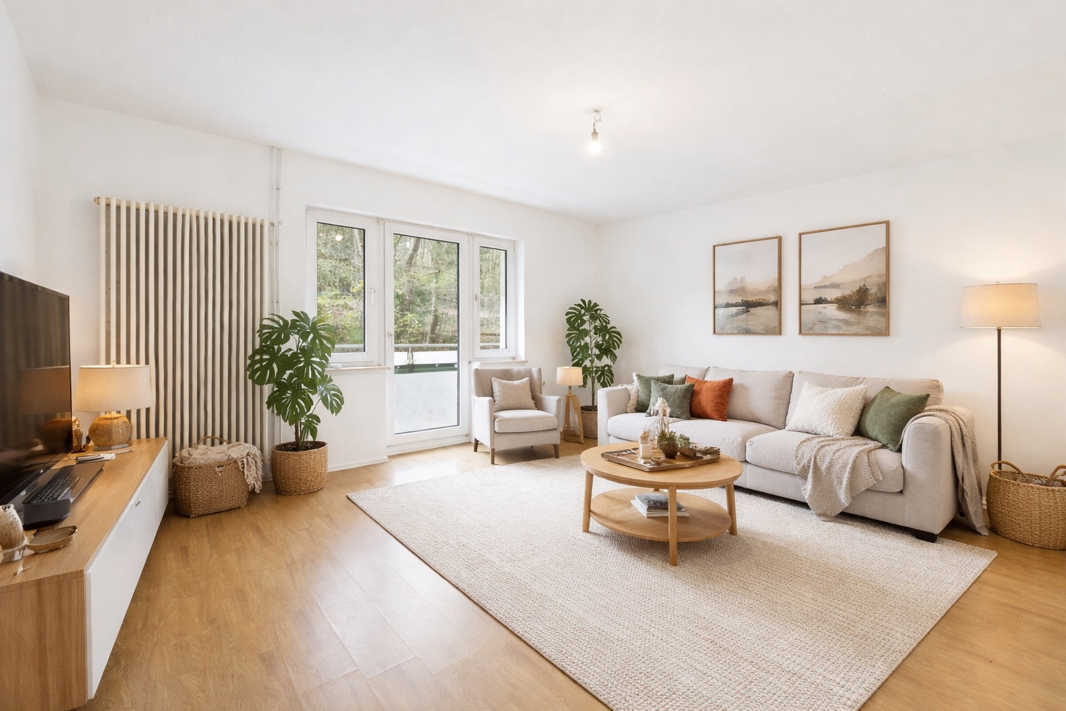 Helles Wohnzimmer mit Sofa, Sessel, Fernseher, Couchtisch, Teppich und Pflanzen.