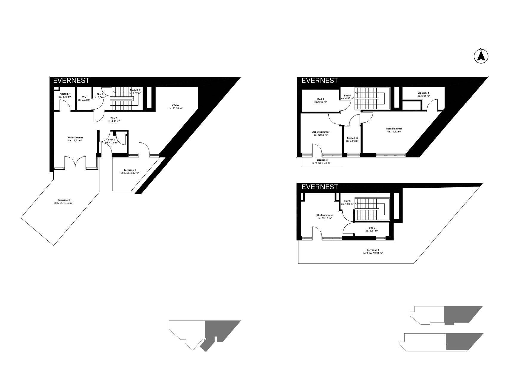 Grundriss eines Wohnhauses mit drei Etagen, verschiedene Räume und Treppen sichtbar.