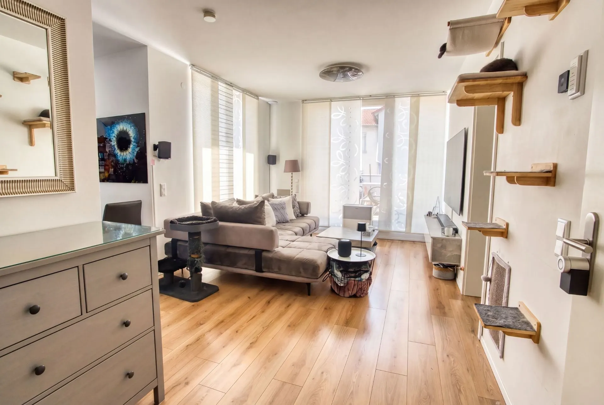Helles Wohnzimmer mit Holzfußboden, Ecksofa, Glastisch und Kletterwänden für Katzen.